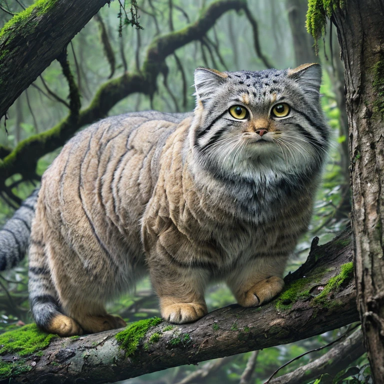 Manul 20,  Ansel Adams style ,  spectacular full body view of Manul cat sitting on an old tree branch in a primitive forest in Central Asia, Light fog, (Mossy branch , ,  gnarled , Dense foliage:1.2), (A magnificent composition, Golden Ratio:1.4), (masterpiece,  best quality, 16k, 8k, ultra  High Resolution , Absurd,  High Resolution , masterpiece,  best quality,  DSLRs , RAW Photos:1.2),  clean focus ,  full sharp , 16k, 8k, ultra  High Resolution , Absurd,  High Resolution ,  very detailed, Advanced Details,  complicated details