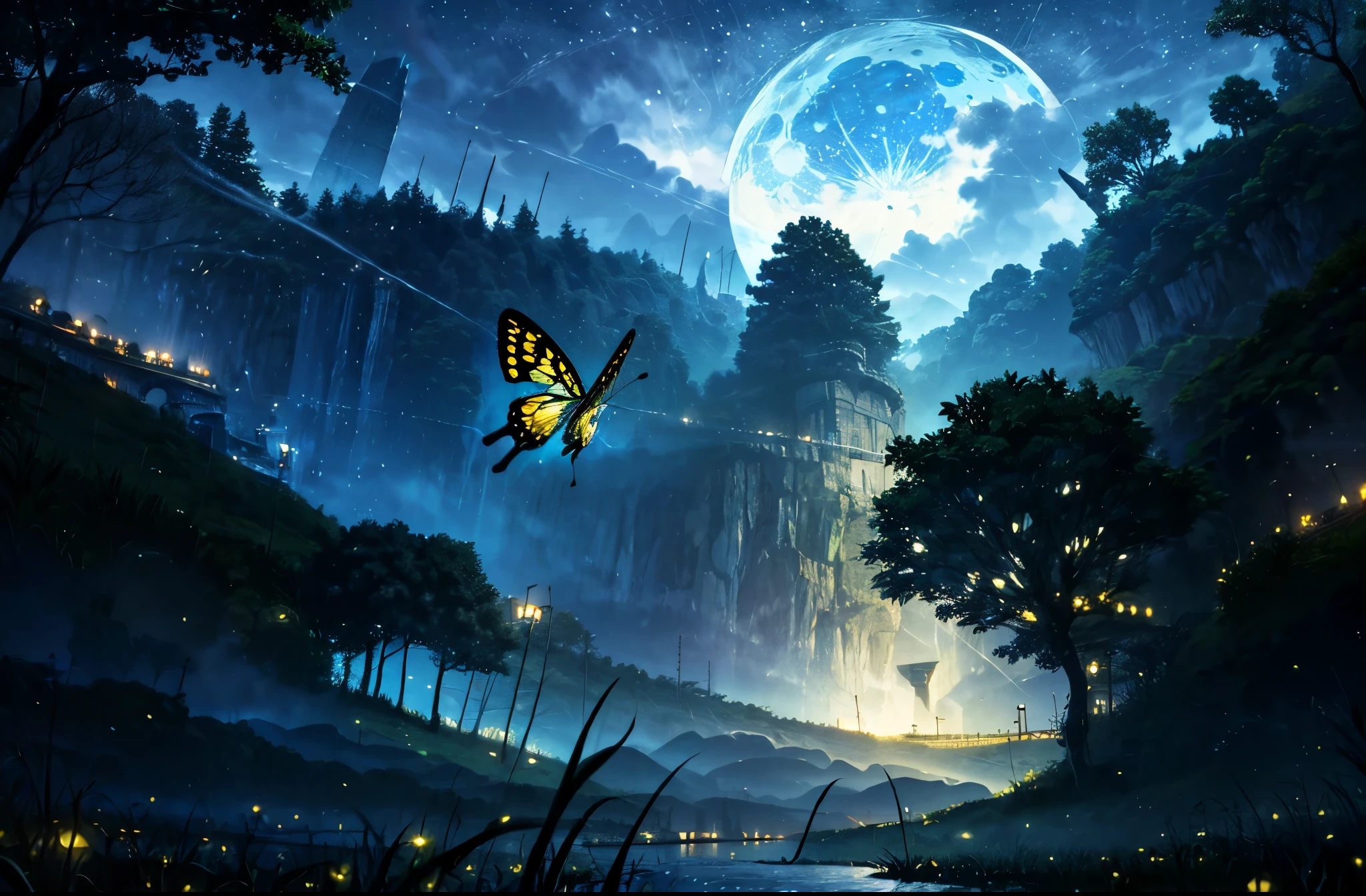 (masterpiece, Best Quality, Super detailed,, ), Swallowtail Butterfly, Black Swallowtail Butterfly, Lake ,(blue moon,雲:1.5),tree,grass,midnight