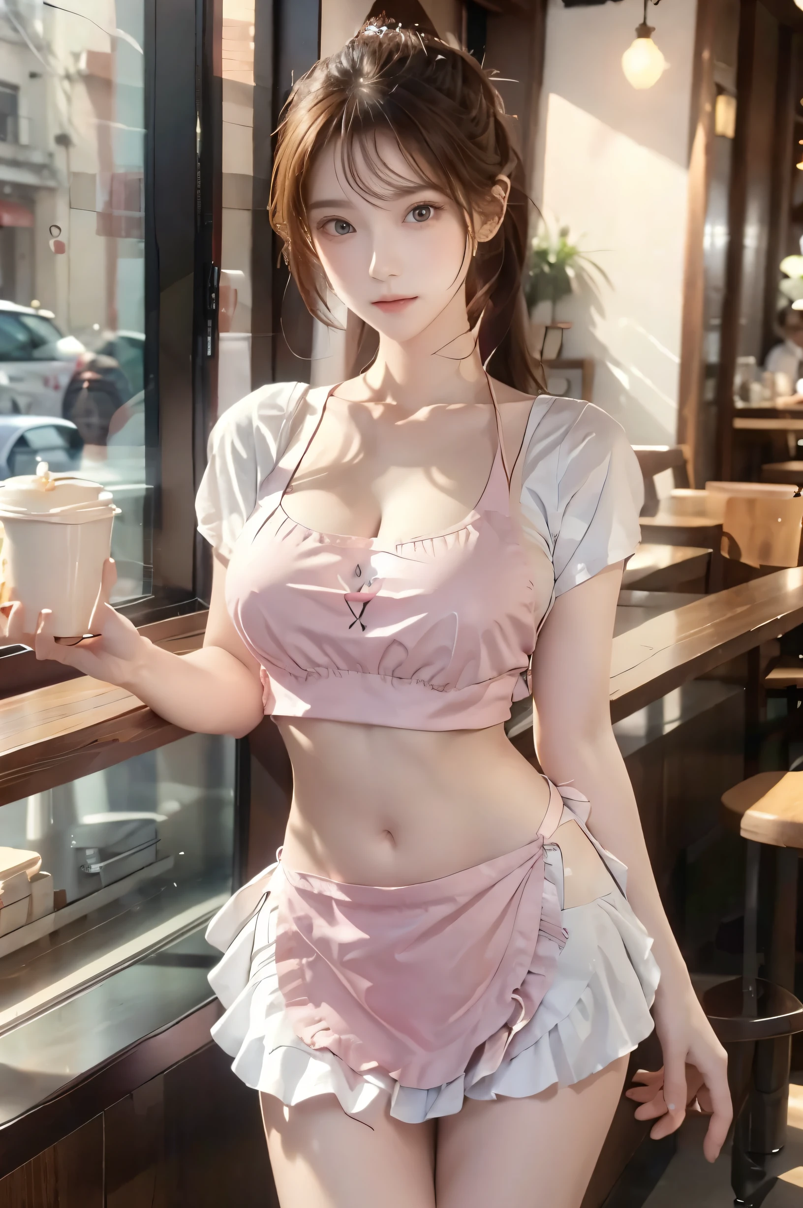 ( super high image quality ), ( looking over here), (Pink shirt, White ruffled apron), Big Breasts, Super beautiful breasts, Slender,  narrow waist, (Thin legs:1.2), (Thin thighs:1.2), (Thin Hips:1.4), (Beautiful Skin,  shiny skin,  white skin), (Super slim face, Super beautiful face, No makeup, smile:0.6), (Light Brown Hair, Medium long ponytail, Layered Cut, Fluffy hair), (Big eyes:1.3, High corners of the eyes:1.6, double eyelid), (Thin eyebrows:0.1), (Small Nose:0.6), (Thin lips:0.6), Beautiful Hands, Empty-handed,  standing, Bright restaurant