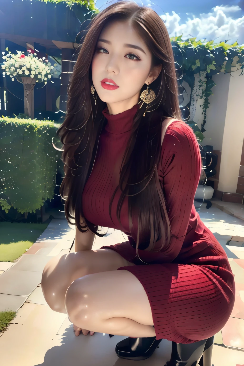 (woman, 22 years old), Rose Garden、Lots of red roses in the background , (masterpiece: 1.3), (Maximum resolution: 1.4), Cinematic Light, Ultra HD, (Detailed eyes and skin), ( detailed facial features), 8k resolution,  perfect style , Beautiful Face、  very detailed facial and skin texture  、Detailed eyes、double eyelid、 dark eyeshadow and eyeliner :1.2、Pale Cheeks、 white skin:1.5、 shiny earrings,Red lipstick:1.2、Glossy lips:1.2、(Full Body Shot:1.2)、From a very intimate distance:1.2、high neck knitted dress、High heels、Straight Hairstyles、Black Hair、Long Hair、(Asking for a kiss:1.2)