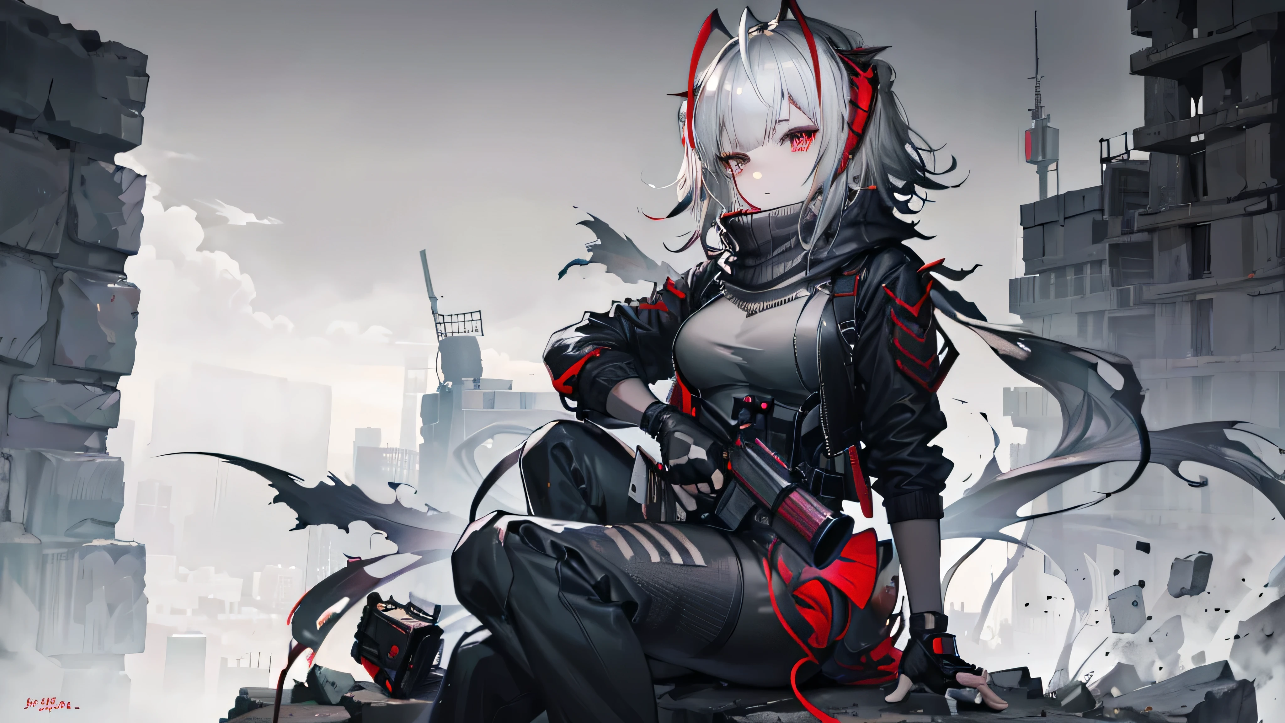 Conceptual art, Gothic art, anime style, high detail, drop shadow, UHD, retina, masterpiece, accurate, anatomically correct, textured skin, super detail, high details, high quality, award winning, best quality, highres, 1080P, 8k, grey hair, soldier, tactical armor, girl, long hair, serious face, grapping weapon, sit on rock, war zone