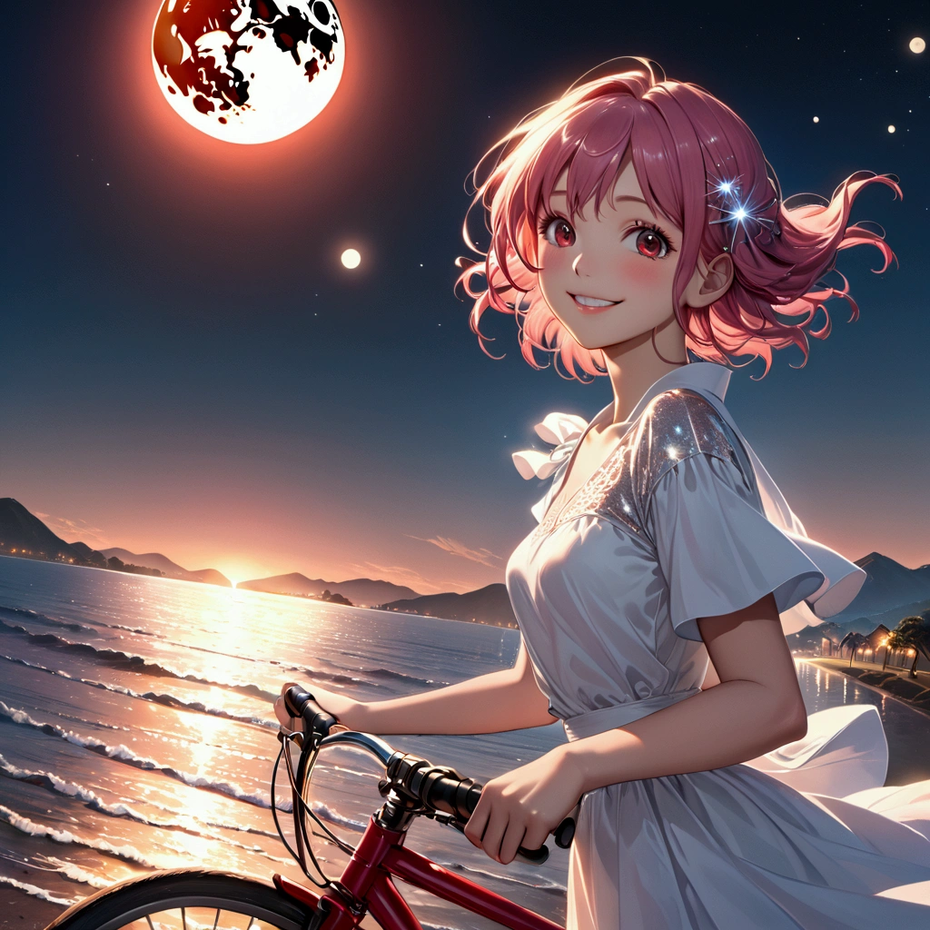  Anime Girl Riding a Bicycle in the Moonlight with a Full Moon in the Background,  Anime Picture Inspired by Reyuki Nagasawa ,  popular on Pixiv, Realism, Anime Art Wallpaper 8K, Best anime 4K konachan wallpaper ,  anime art 4k , anime art wallpaper 4k, anime wallpaper 4k, anime wallpaper 4k, anime background smile,  High Resolution , masterpiece,  anatomically correct, accurate,  High Details ,  high definition models,  very detailed ,  Ultra-fine,  textured skin,  shortcuts, Pink Hair, smile,  open your mouth slightly, Grin, Sparkling eyes, Red face,  Dutch angle ,  cowboy shot, Hair Clip,  glitter effect,  3D Rendering , 