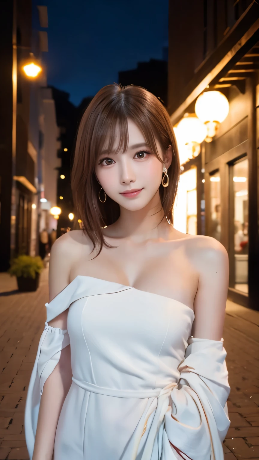 8K, masutepiece, Raw photo, Best Quality, Photorealistic, Highly detailed CG Unity 8k wallpaper, depth of fields, Cinematic Light, Lens Flare, Ray tracing, (Extremely beautiful face, Beautiful lips, Beautiful eyes), intricate detail face, ((Ultra detailed skin)) 1girl in, In the Dark, deepshadow, Pretty Korean girl, Kpop Idol, 1 girl, (Very slim and slender fit muscular body:1.3), ((Looking at Viewer)),(Big smile:1.3), (Fashion City Night, a dark night, (Neon sign), (Blurred background), Fashion Street Night),(No people in the background:1.3), pantyhose, Clear eyes, (pale skin), (Big eyes), Face forward, (Brown hairs), (Full body shot), ((Silk white Color Dress:1.3)), ((tight fit dresses)), ((laced dress)), (Looking at Viewer:1.3), opened breast, Very slim, medium breasts,  Before the eyebrows,(Tight Dress), thick thighs, ((I can see her cleavage)),B cup breasts,barefoot, stting on a desk, Hands clasped above head, Girl sitting, ((M-shaped opened legs))