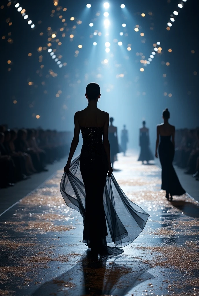 Masterpiece、top-quality、Photorealsitic、A hyper-realistic、A state-of-the-art Japanese-style fashion show with a glittering stage