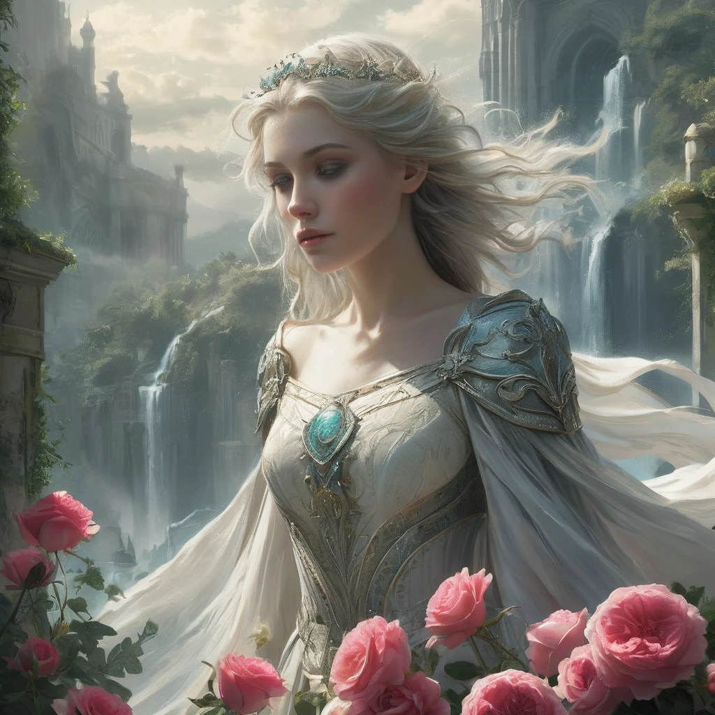 

realistic volumetric drawing, in a classic style, made with watercolors and acrylics, depicting a beautiful woman with raven-colored hair, in the style of the ancient era, Ancient Rome, A wreath of roses on the head, Bouquet of roses in your hands, in the garden, among roses and grasses; allegory rose flower, 
feeling of lightness, summer warmth, soft light, golden pink, cream, silver, mint, grassy green shades, nacre, botanical, dew, pearl, Sparks, 
Multiple exposures, transparency,layering random angle, art in Luis Royo's style