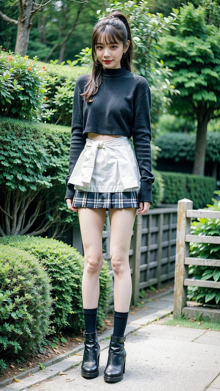 (8k、RAW Photos、 best quality、masterpiece:1.2)、(Realistic、Realistic)、1 person、((boots、 ponytail、ribbon、Large Breasts、Knitted sweater、Breast enlargement、red and black plaid mini skirt、Thin legs、whole body、smile、garden、 stand with their hands on their hips ))、cute