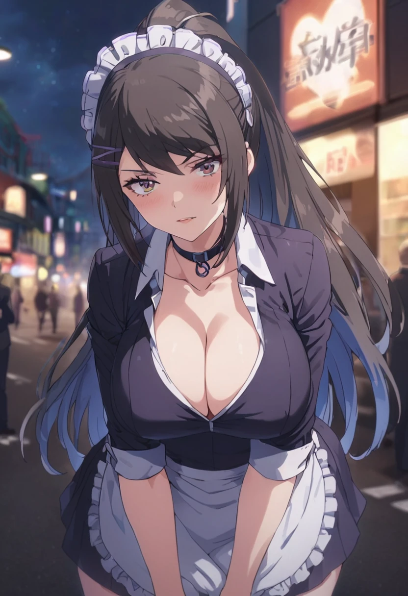 chabashira, 1girl, ponytail, black hair, hairclip, breasts, large breasts, dress, frilled dress, black dress, off-shoulders, neck collar, cutout bare cleavage, cutout bare side boobs, frilled head band, apron, white apron, short skirt, garter belt, from front, night sky, city, street, best quality, extremely-detailed, hyper resolution, 8K, detailed clothes, detailed lighting, 