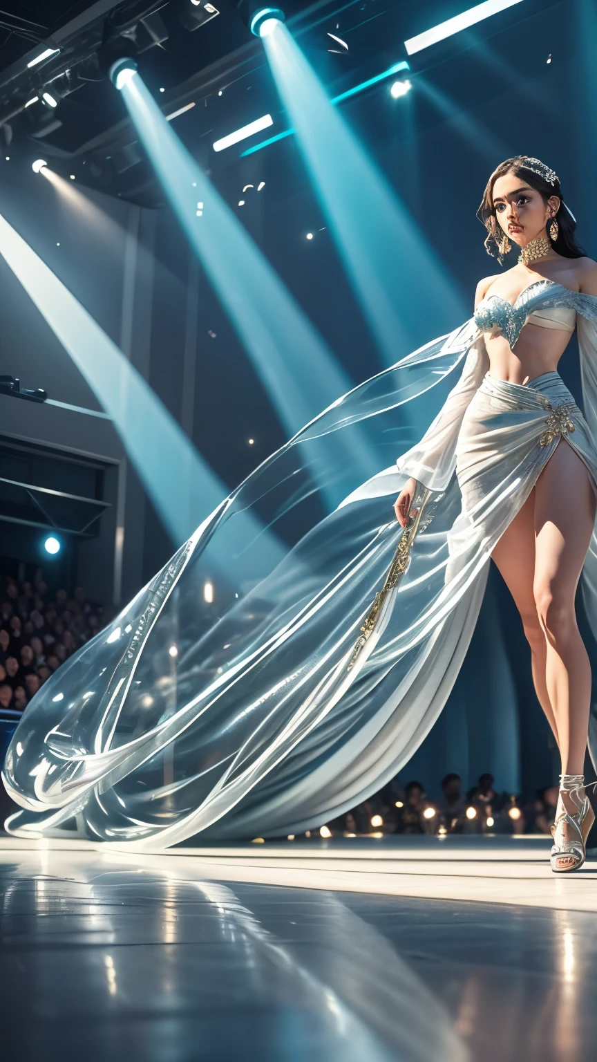 shining star,A beautiful oriental girl,Single ponytail,Dragon Horn,Big breasts,thin waist,white skin,Perfect proportion,Wearing a dance dress,8k,The focus of the audience,Lighting effects,Super details,