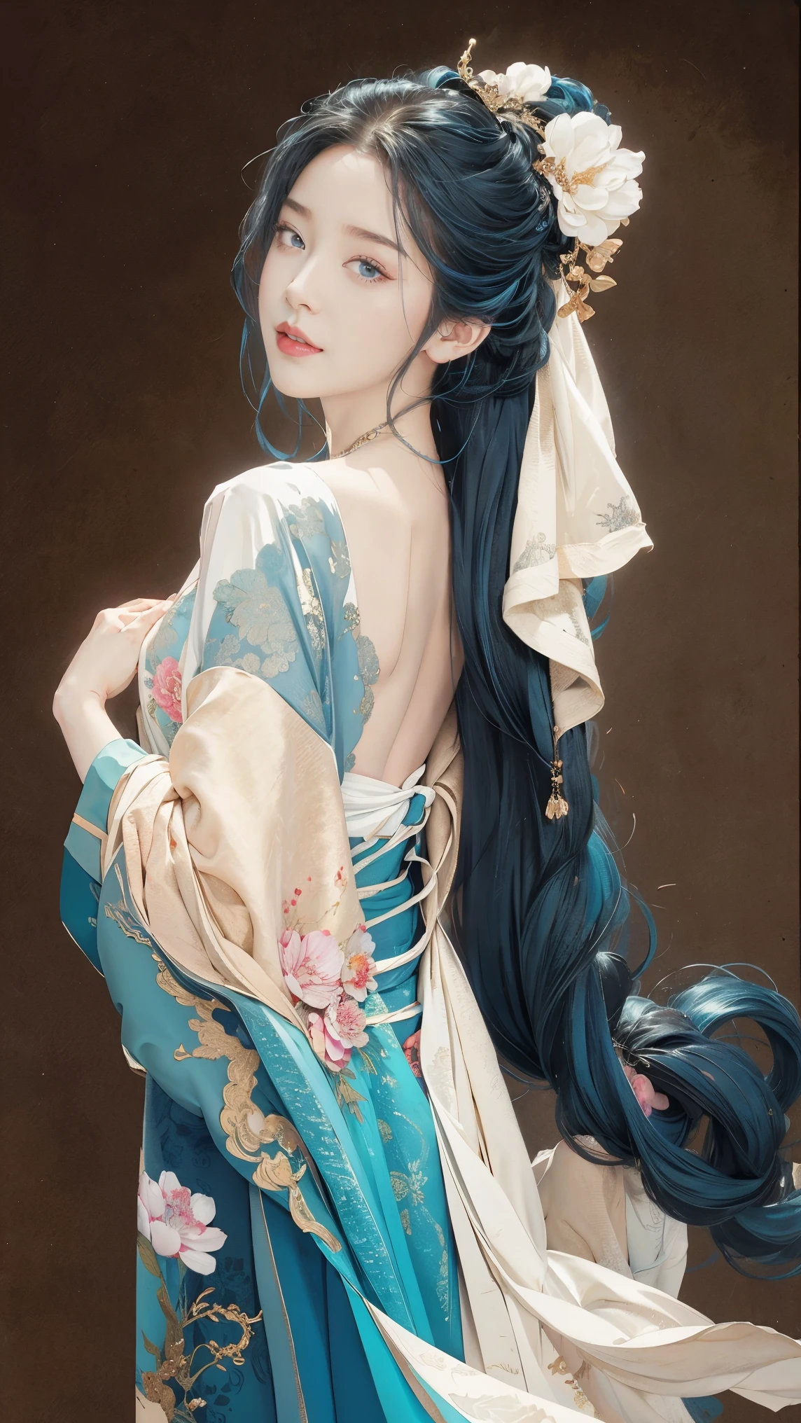 highly detailed, 8K, masterpiece, 1 girl, blue pink_hair, nude, Smile, (perfect_Face), boundary, close up, crazy, exist_Back, Gorgeous, complicated, Dramatic Lighting, 4K, detailed_Background, Caustics, full_Body,