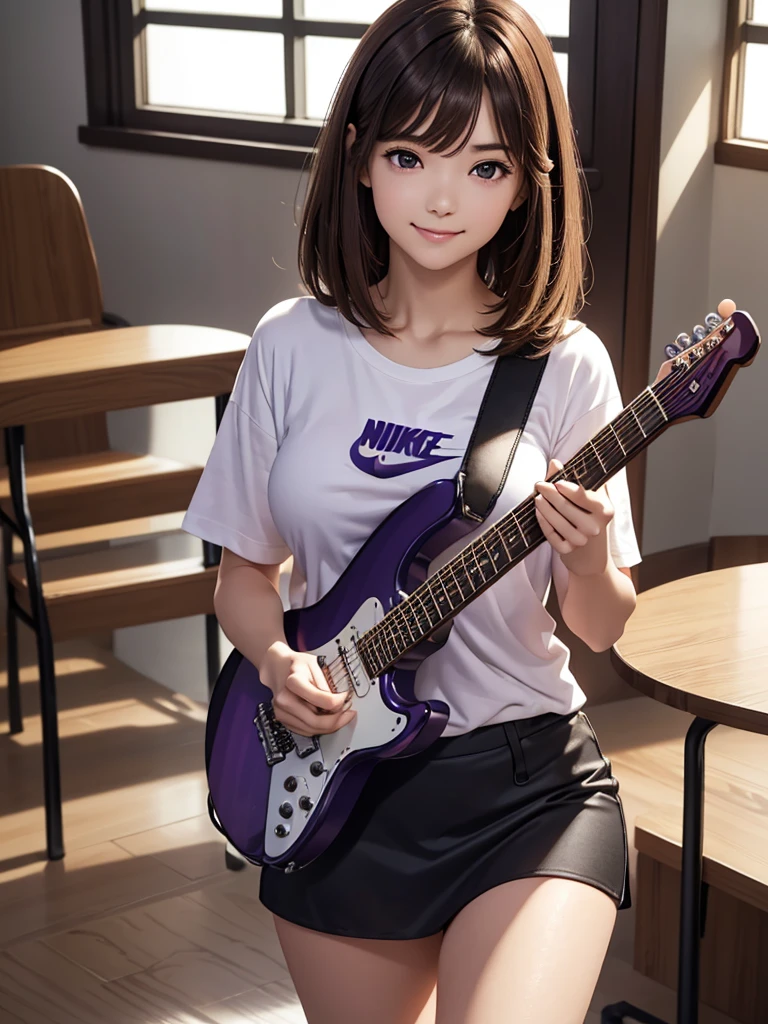 8k, Best Quality, The real picture,  complicated details, Very detailed,  super high definition, Depth Field, ( realistic, realistic), Tabletop, (( shot above the knee)), (((Standing and playing an electric guitar))), ((( 1 girl))), eye_Chan,  so beautiful, innocent big eyes, Beautiful breasts, 非常に詳細なeye, (Beautiful breasts), ((Brown Hair)), ( medium bob hair), (Asymmetrical bangs), Perfect Skin, Fair skin, Small breasts, Tight waist, Alone,  Staring at Viewers , (smile), ((Light purple Nike long t-shirt)), ( black miniskirt in a window seat), (Standing in the concert hall )