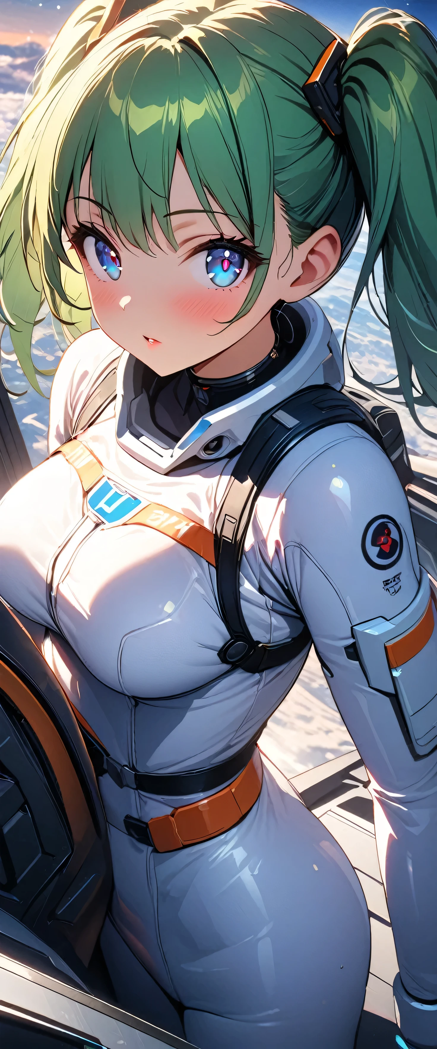 (beautiful girl:1.3),1girl,masterpiece,Ultra-high resolution, rich contrasts,Very high quality,8k,very detailed CG unit wallpaper,Texture,So ridiculous,RAW Photos,Highest quality anime,Depth of written boundary,ultra-detailed eyes,Glowing Skin,Glitter Effect,Beautiful glossy lips,score_9, score_8_up, score_7_up, source_anime,mikazehonjou, 1girl, Alone, blue eyes, twintails, green hair, bodysuit, white bodysuit, spacesuit,interceptor,cockpit,Unflappable,Pilot,universe,overlooking,(magnificent panorama view:1.3), close your mouth