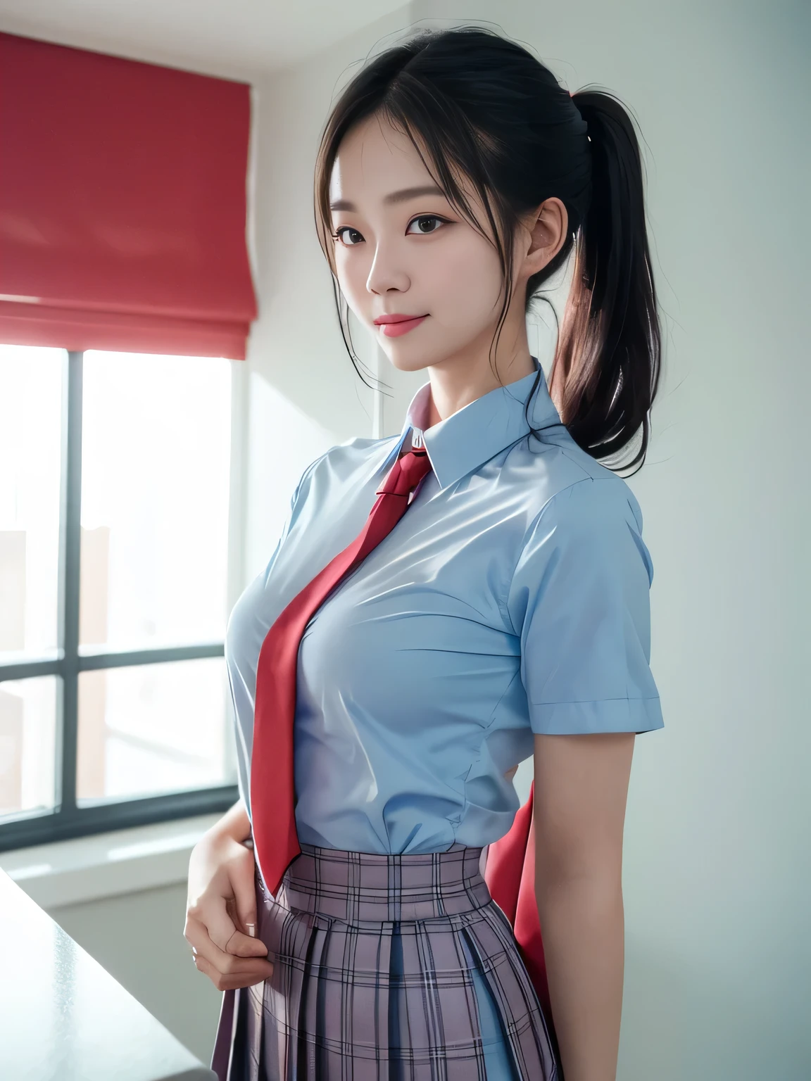 (highest quality),(High resolution),(8K),high school girl,The whole body is shown,(Large Breasts),Long, slender legs,Beautiful feet,Slender,Narrow waist,Black Hair,Small Face,Braid,Glasses,cute,smile,Red bow tie,Light blue tight shirt,A shirt that accentuates the shape of the chest,Navy and blue checked short pleated skirt,mini skirt,Wearing dark stockings,(3人のhigh school girl)