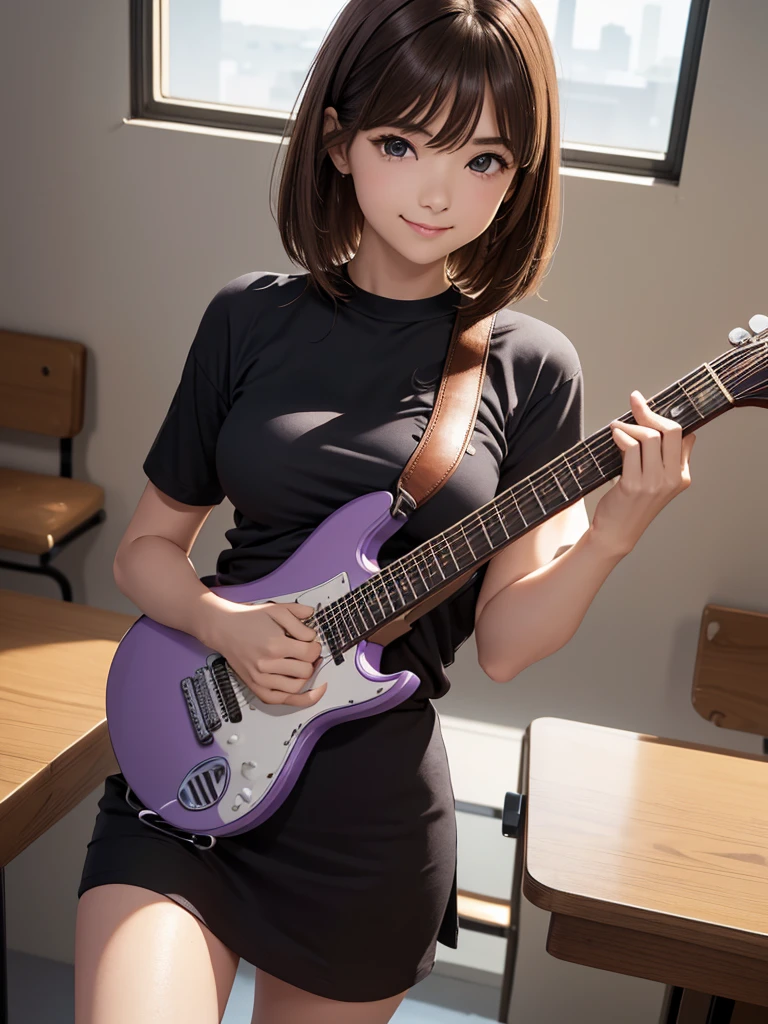 8k, Best Quality, The real picture,  complicated details, Very detailed,  super high definition, Depth Field, ( realistic, realistic), Tabletop, (( shot above the knee)), (((Standing and playing an electric guitar))), ((( 1 girl))), eye_Chan,  so beautiful, innocent big eyes, Beautiful breasts, 非常に詳細なeye, (Beautiful breasts), ((Brown Hair)), ( medium bob hair), (Asymmetrical bangs), Perfect Skin, Fair skin, Small breasts, Tight waist, Alone,  Staring at Viewers , (smile), ((Light purple Nike long t-shirt)), ( black miniskirt in a window seat), (Standing in the concert hall )