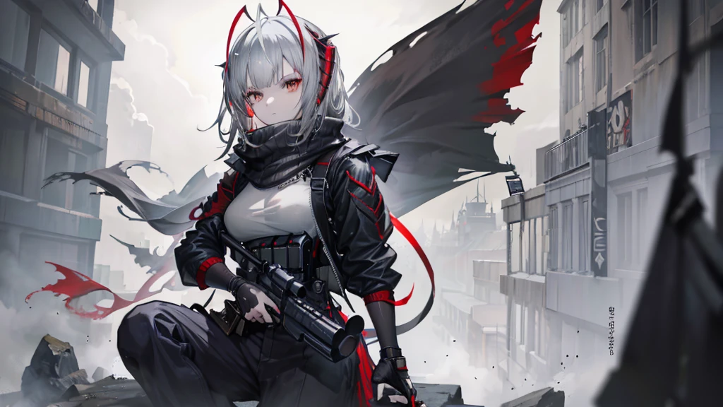 Conceptual art, Gothic art, anime style, high detail, drop shadow, UHD,, masterpiece, accurate, anatomically correct, textured skin, super detail, high details, high quality, award winning, best quality, highres, 1080P, 8k, grey hair, soldier, tactical armor, girl, long hair, serious face, grapping weapon, sit on rock, war zone, merchant, gun