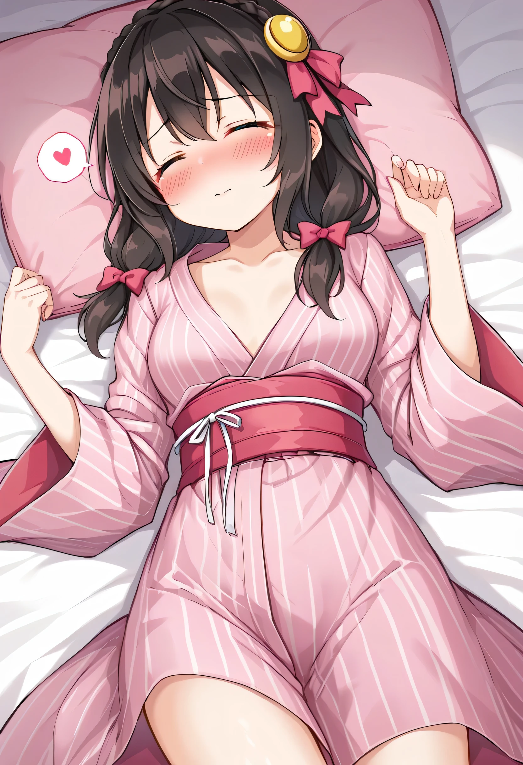 yunyun、masterpiece,Best Quality,  High Resolution ,One person, Yunyun、  crown blade the same color as my hair, Black Hair、 HAIR ACCESSORIES, Hair Ribbon, (I'm sleeping comfortably on my futon)、Pink Yukata, (The chest is large)、(blush)、♥、heart