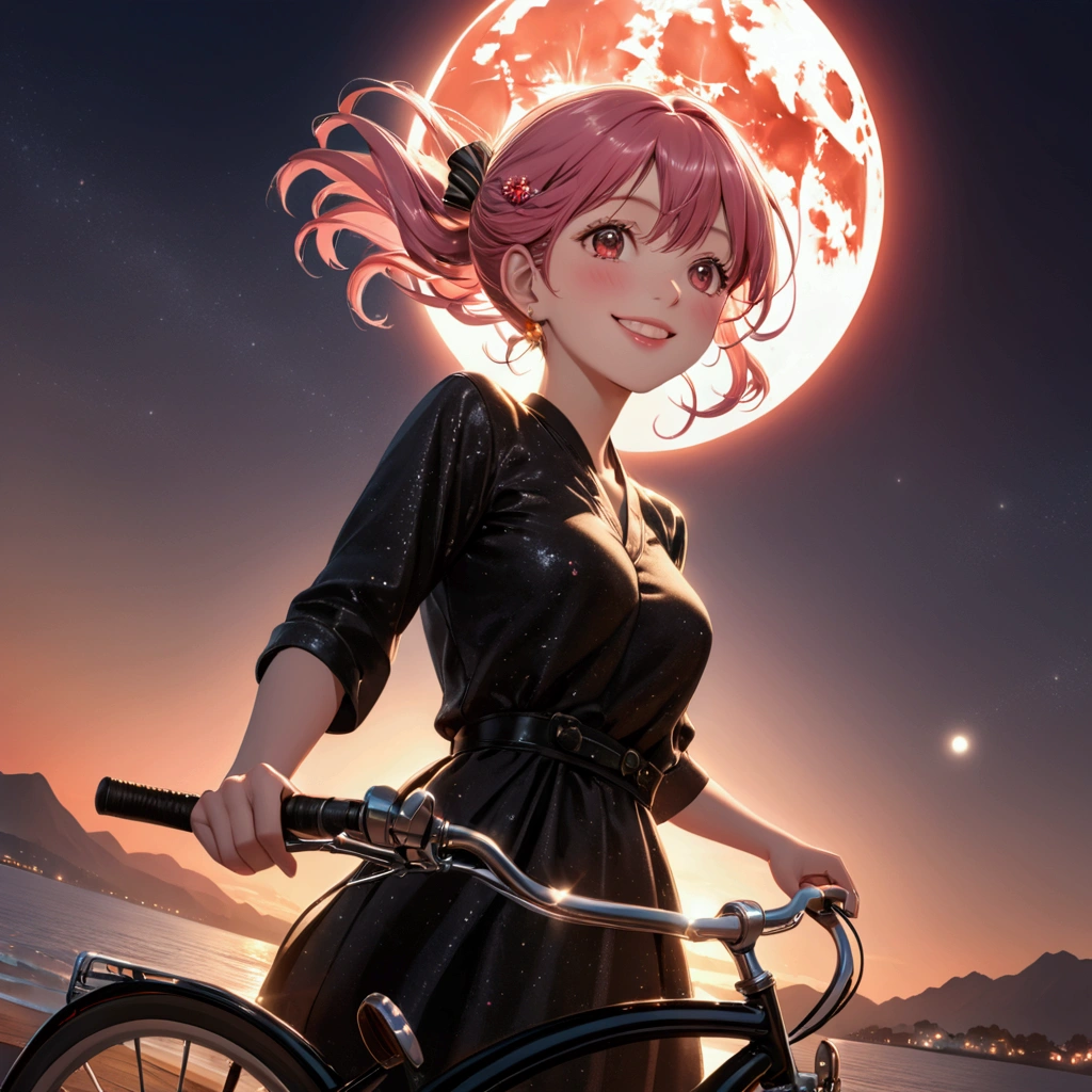  Anime Girl Riding a Bicycle in the Moonlight with a Full Moon in the Background,  Anime Picture Inspired by Reyuki Nagasawa ,  popular on Pixiv, Realism, Anime Art Wallpaper 8K, Best anime 4K konachan wallpaper ,  anime art 4k , anime art wallpaper 4k, anime wallpaper 4k, anime wallpaper 4k, anime background smile,  High Resolution , masterpiece,  anatomically correct, accurate,  High Details ,  high definition models,  very detailed ,  Ultra-fine,  textured skin,  shortcuts, Pink Hair, smile,  open your mouth slightly, Grin, Sparkling eyes, Red face,  Dutch angle ,  cowboy shot, Hair Clip,  glitter effect,  3D Rendering , 