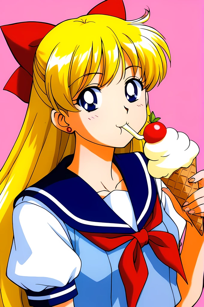 score_9,score_8_up,score_7_up,score_6_up,score_5_up,score_4_up,source_anime,
(masterpiece,highest quality,Super detailed,8k,High resolution,an extremely delicate and beautiful,Official Art,Perfect Anatomy:1.5),((90s anime,90s anime style,Cel-shaded anime,anime screencap,anime coloring:1.25)),(solo:1.5),
perfect face,beautiful,sexy,athletic body,shiny skin,
((aavenus,aino minako:1.52)), long hair, blonde hair, hair bow, tiara, earrings, blue eyes,
 red bow, school uniform, solo, bow, serafuku, sailor collar,neckerchief, short sleeves, red neckerchief, blue sailor collar,((eating ice cream:1.17))