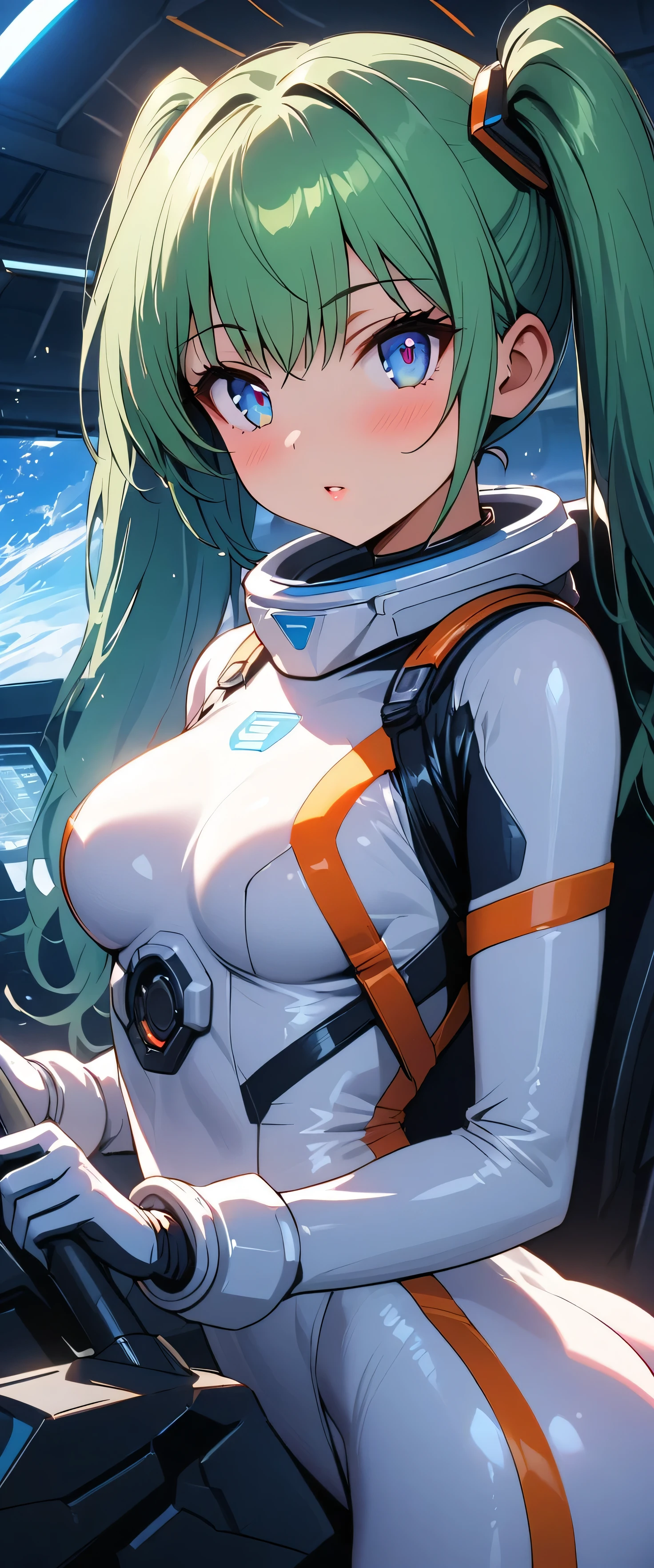(beautiful girl:1.3),1girl,masterpiece,Ultra-high resolution, rich contrasts,Very high quality,8k,very detailed CG unit wallpaper,Texture,So ridiculous,RAW Photos,Highest quality anime,Depth of written boundary,ultra-detailed eyes,Glowing Skin,Glitter Effect,Beautiful glossy lips,score_9, score_8_up, score_7_up, source_anime,mikazehonjou, 1girl, Alone, blue eyes, twintails, green hair, bodysuit, white bodysuit, spacesuit,interceptor,cockpit,(Hold the control stick firmly to steer),universe,Stoic,stick out butt,(Close up on ass:1.3)