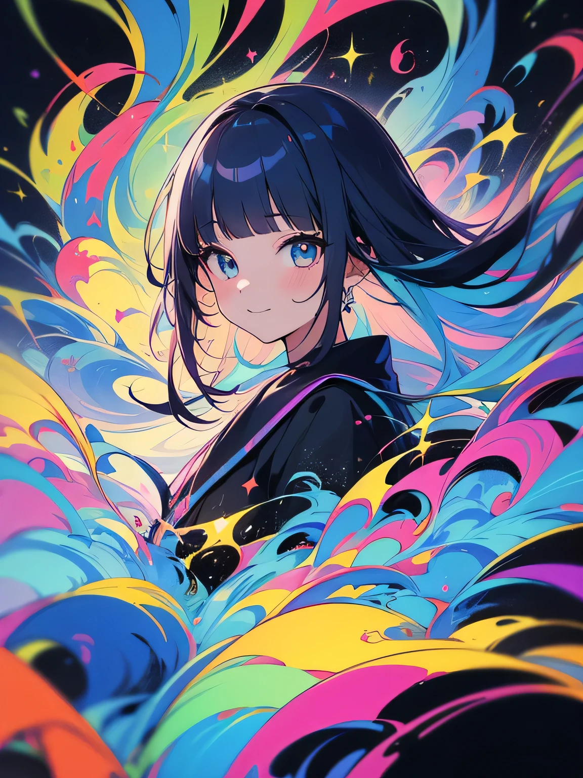 neon colors, cartoon style illustration of a woman as she sees the world while experiencing hallucinations, stoned, splash art, splashed neon colors, neon glowy smoke) motion effects, best quality, wallpaper art, UHD, centered image, ((flat colors)), (cel-shading style) very vibrant neon colors, extremely saturated image (saturation 10) ink lined art, bold lines