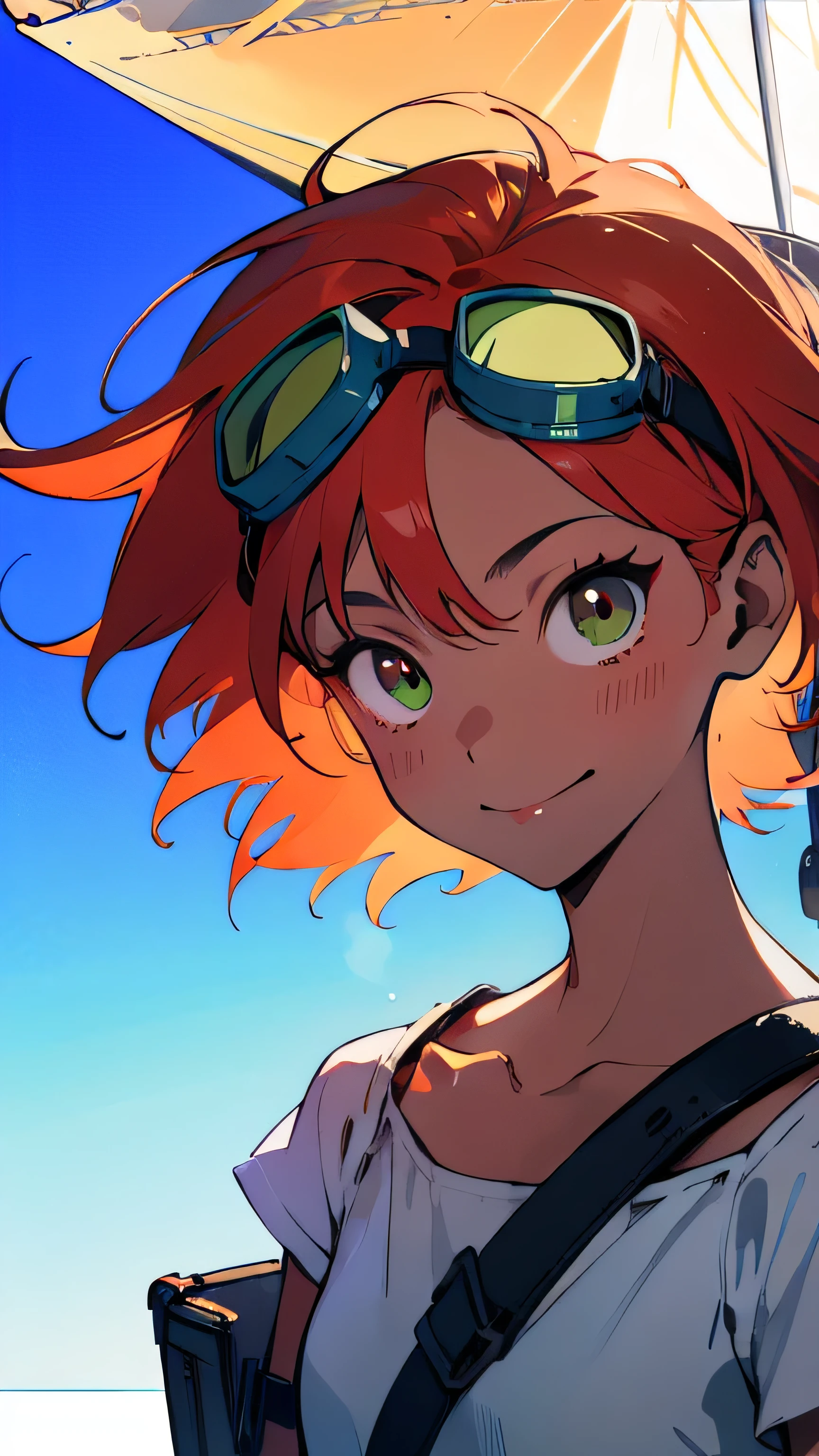 (Radical Ed :1.5), ( Edward Wong Haupepel Chivursky IV), Red Hair, (Green goggles),  white shirt ,  An Once in a Thousand Year Masterpiece ,  Pictures You'll Never Get Again ,  Mysterious High Resolution ,  The Cutest Girl in the World , Ultra-high definition eyes,  Retracting Eyes ,  eyes like jewels , extreme close up, smile,  very thin, clavicle, , Spaceship on background, Look at the sky