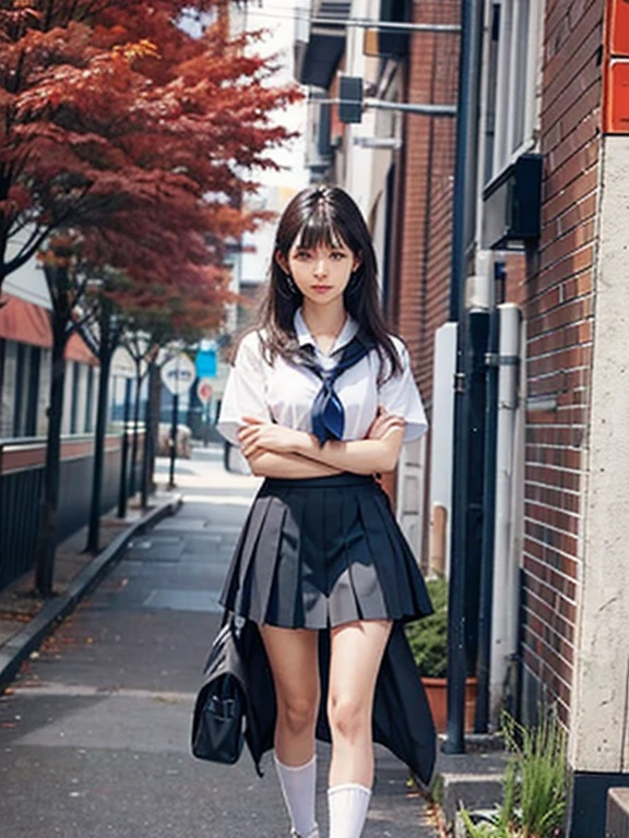 1girl, solo, long_hair, looking_at_viewer, smile, bangs, skirt, black_hair, original, school_uniform, standing, full_body, short_sleeves, white_shirt, pleated_skirt, serafuku, shoes, outdoors, day, sailor_collar, blunt_bangs, socks, black_eyes, black_footwear, blurry, lips, blue_skirt, neckerchief, kneehighs, crossed_arms, loafers, building, photo_(medium), black_neckerchief, blue_neckerchief