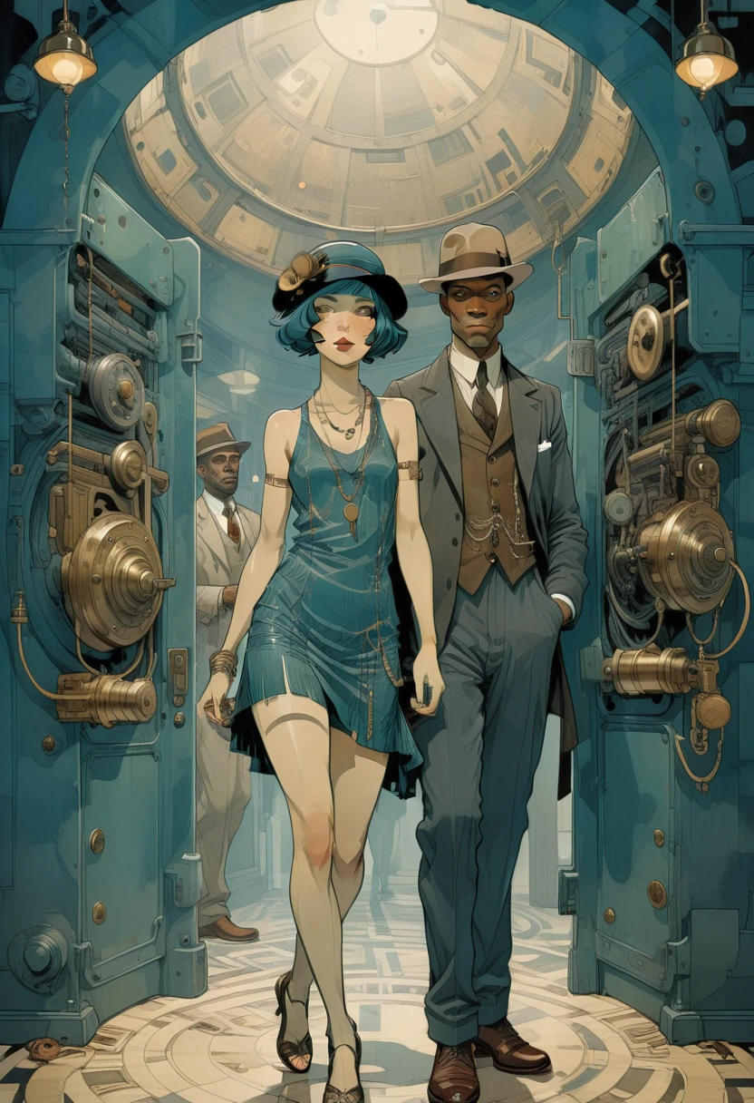 by Jean-Baptiste Monge and Tomer Hanuka, Cyan 78, wide angle, hyper detailed, comic book cover art, bold lines, expressive drawing, A 1924 era Flapper girl (full body shot), with the trendy hair style of the times, flapper shoes and hat, hanging out with Pretty Boy Floyd, full body shot::3.0 , they are both hanging out at the bank vault in 1924, full body shot, caucasion