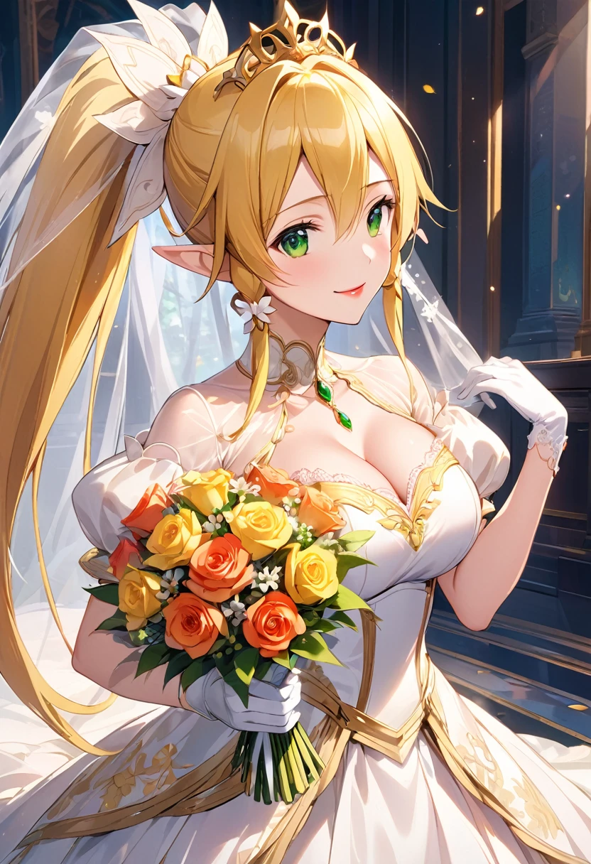 Best Quality、Super detailed、 shiraf panties 、Ultra-high-definition CG、８k size wallpaper、Production art、Light novel illustrations、（１people々 girl)、
Leafa、girl1people、Blonde、 long hair、Pointy ears、 ponytail、 Had、ツイン Had、Green Eyes、 cleavage、Hair between the eyes、Big Breasts、Elf、clavicle、超 long hair、gem、Hair accessories、ハイ ponytail、Red lipstick, A smile full of happiness、 puff sleeves、Wedding Veil、Tiara、 cleavageカットアウト、 Luxurious Wedding Dress with Sumptuous Gold Embroidery and Trim、White Dress、  white gloves、 long skirt、 white stiletto heels 、With a bouquet in both hands、 