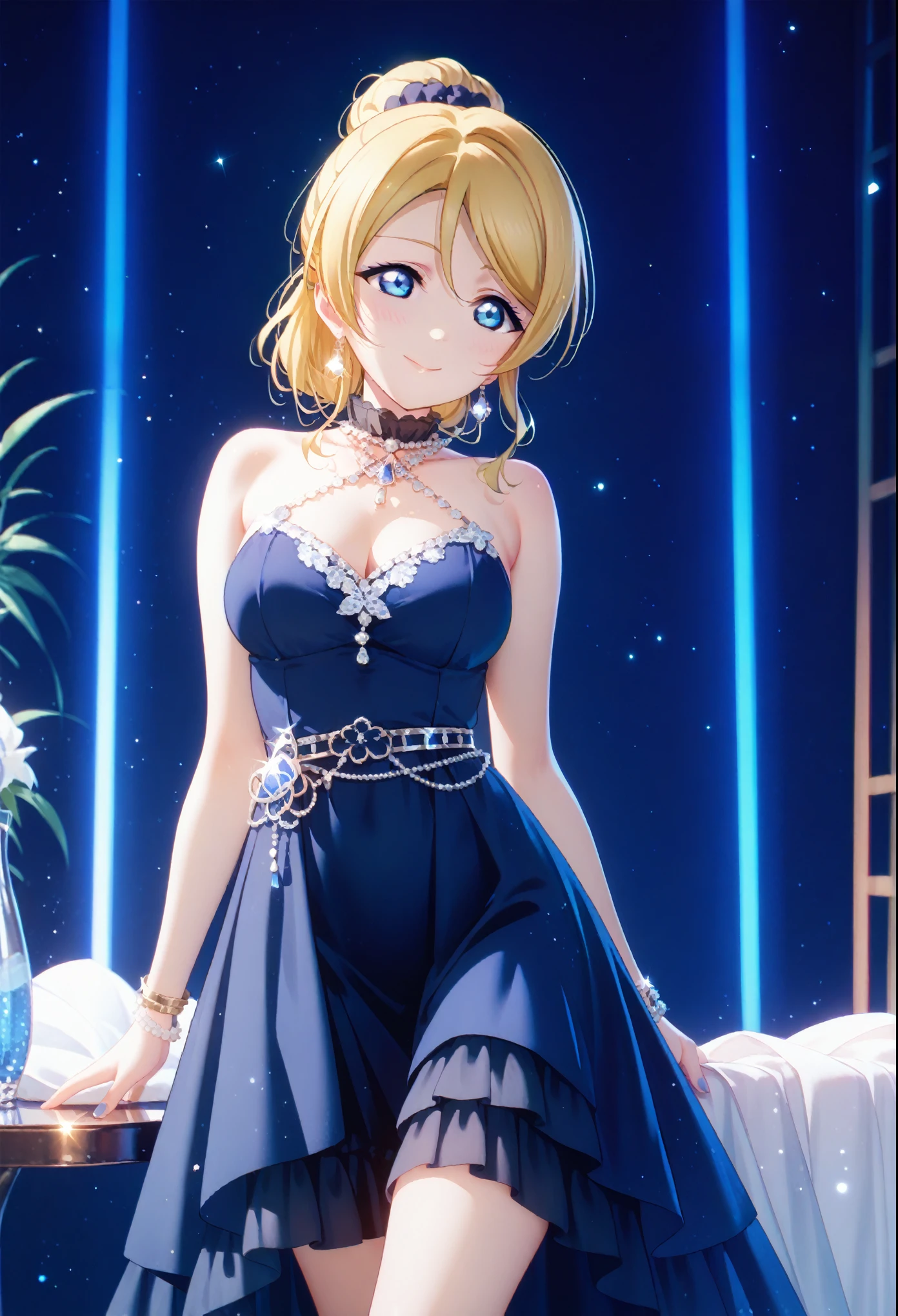 
Complex and detailed textures,cinematic lighting,best quality,ayase eli(love live),black layerd dress,thighhigh,blue lighting,blonde hair,