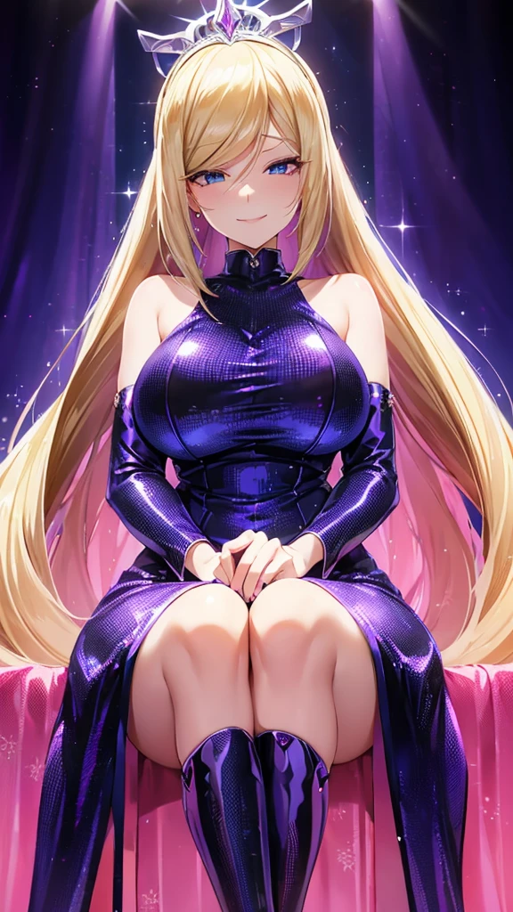  Erotic、Lusamine、Blonde long twin tail voluminous 、 blue archive、Big Breasts、shiny black and purple and light blue sequin dress、Pink love hotel with dim lights、Pink wall、Anxious erotic smile 、Open your mouth slightly、Evil female executive、adult、Married Woman、Sitting on the throne、 angle from below、lure、 thigh-high boots