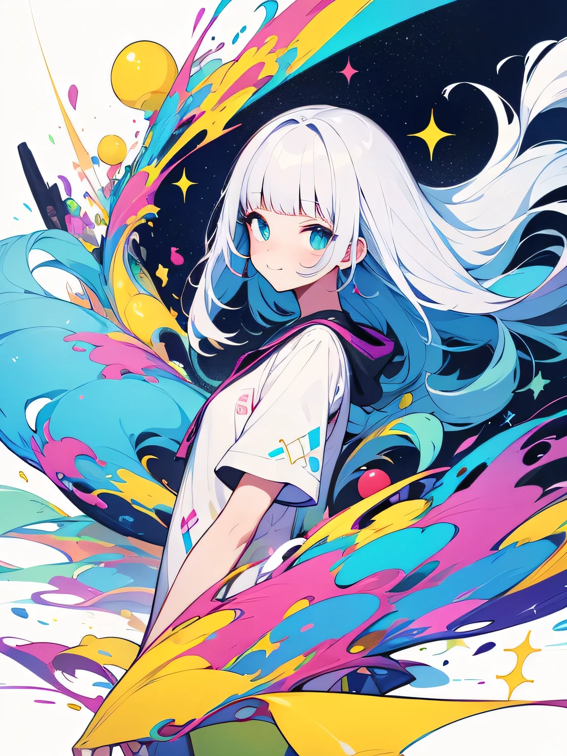 masterpiece, highest quality, Pop illustrations, Pop colors, Pastel Tones, pastel colour,Big Butt,Miniskirt,smile
