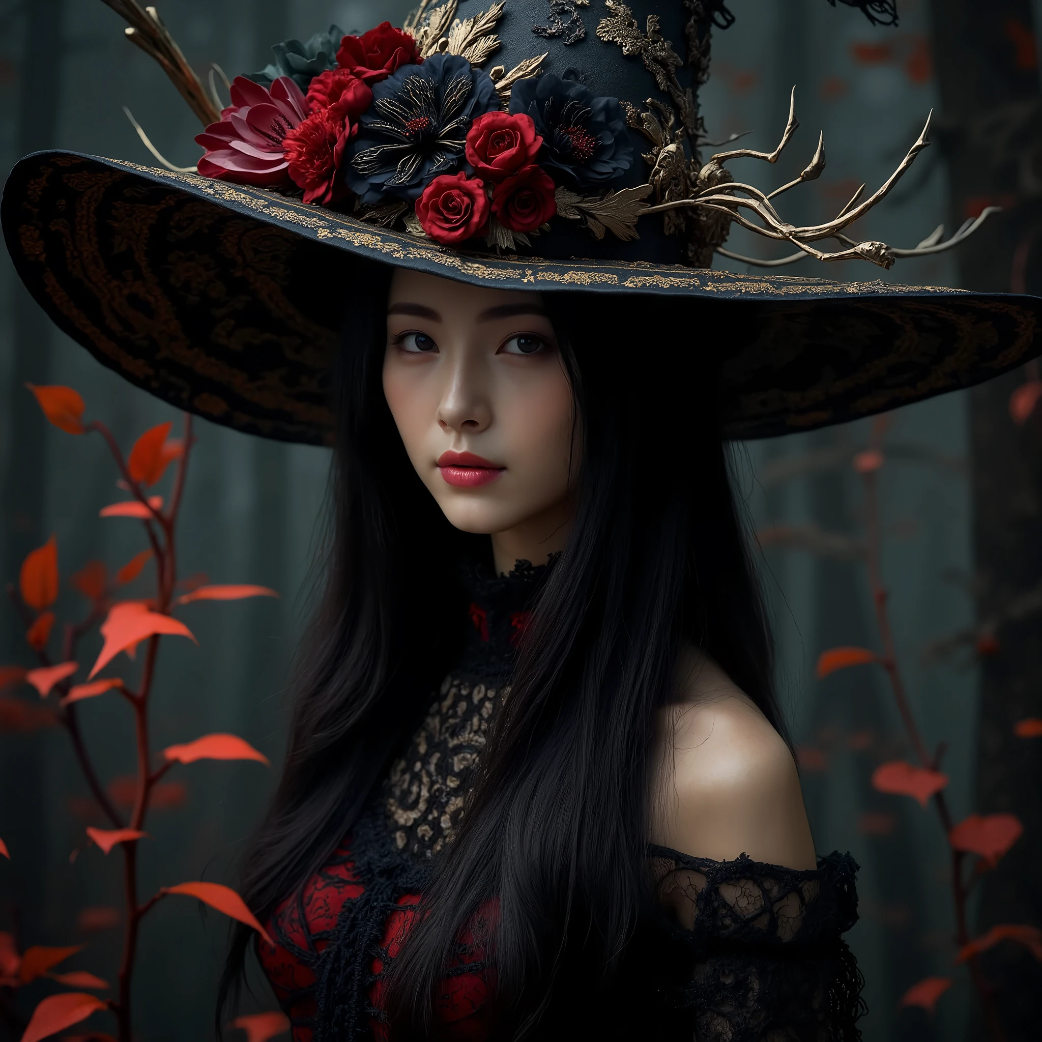 A detailed, photorealistic image of a mysterious beautiful east-asian slender woman wearing a large, ornate witch's hat adorned with red and black flowers and golden decorations. She has long, flowing black hair and is standing in a dark forest, surrounded by glowing red leaves. The lighting casts a dramatic, otherworldly glow on her, enhancing the shadows and adding depth to the eerie atmosphere. Her expression is ((grinning mysteriously)) that stand out against the dark background. The overall mood is mystical and slightly ominous, with a strong focus on the interplay of light and shadow