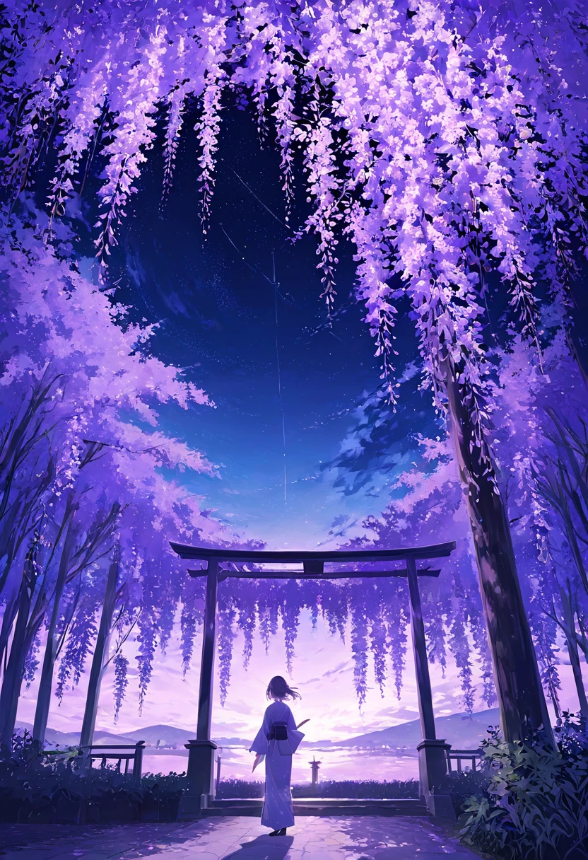 ((pastel))、One woman,kimono,Under the wisteria tree, wisteria flowers on one side per {x},Shining purple ,night, seen from afar, moving scene 