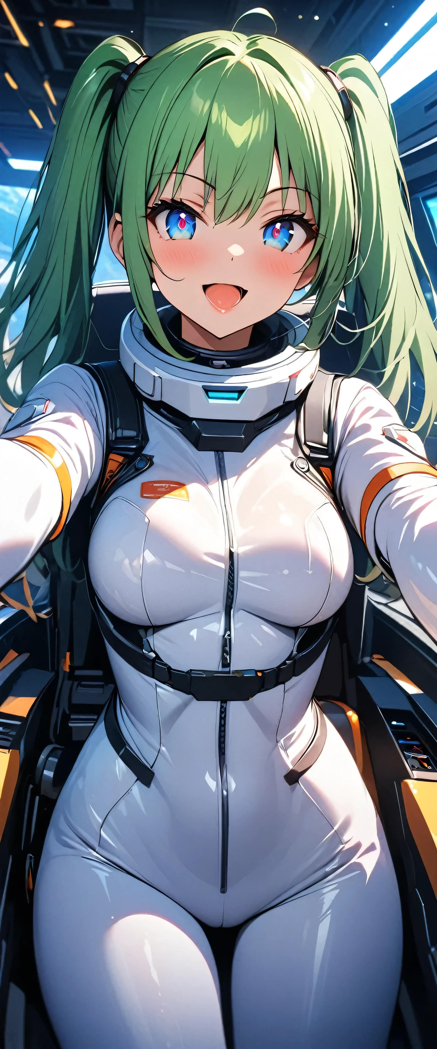 (beautiful girl:1.3),1girl,masterpiece,Ultra-high resolution, rich contrasts,Very high quality,8k,very detailed CG unit wallpaper,Texture,So ridiculous,RAW Photos,Highest quality anime,Depth of written boundary,ultra-detailed eyes,Glowing Skin,Glitter Effect,Beautiful glossy lips,score_9, score_8_up, score_7_up, source_anime,mikazehonjou, 1girl, Alone, blue eyes, twintails, green hair, bodysuit, white bodysuit, spacesuit,interceptor,cockpit,Unflappable,(Hold the control stick firmly),universe,Crazy Smile, open your mouth wide