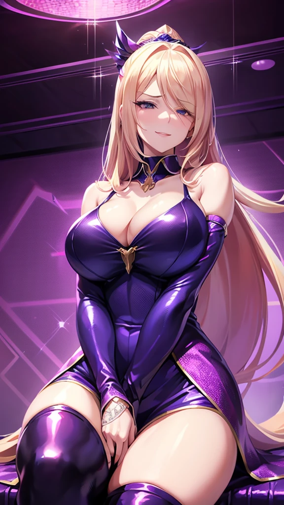  Erotic、Sirona、Blonde、 blue archive、Big Breasts、shiny black and purple and light blue sequin dress、Pink love hotel with dim lights、Pink wall、Anxious erotic smile 、Open your mouth slightly、Evil female executive、adult、Married Woman、Sitting on the throne、 angle from below、lure、 thigh-high boots