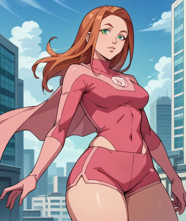 AtomBeve  , green eyes, by orange, long hair,  medium breasts, Pink cape, pink mono, light  pink shorts , long sleeves,  pink elbow gloves ,  pink shorts ,  looking at the spectator, COWBOY SHOT,  big thighs, big breasts, flying over the city, big butt 