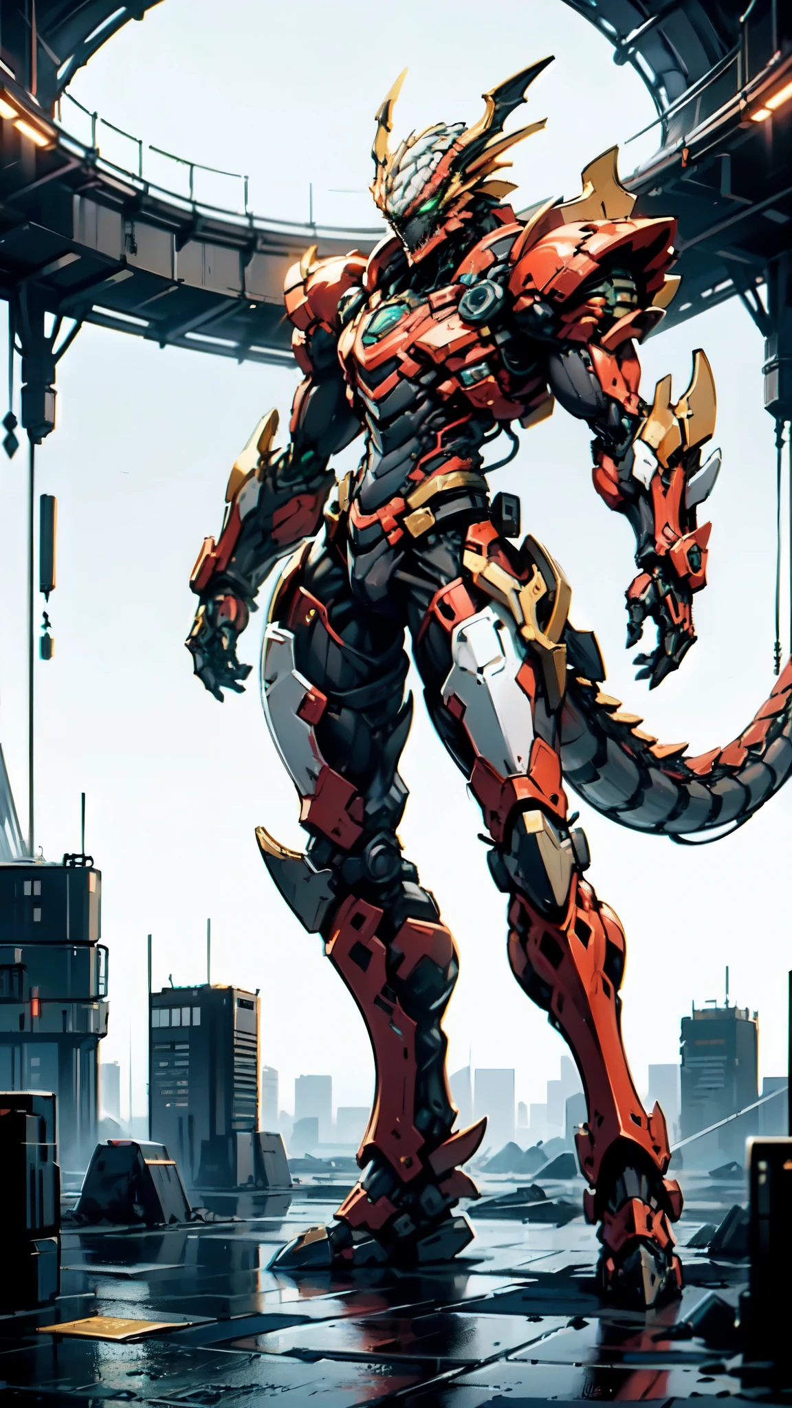 (masterpiece:1.5, best quality:1.5, extremely delicate:1.5, dynamic angle:1.5), ((male:1.5)), Biomimetic humanoid Mecha, green eyes, fully enclosed shoulder guards, matching arm and leg guards, gemstone, full body, full armor, the design balances heavy with agility, organic biotech armor, (the color scheme is primarily Black and White with Golden and Red accents, concept Inspired by Dragon, glowing eyes, the armor glows), standing, floating high above the futuristic sci-fi city, a finely crafted Super robot in anime style, exquisite and mature art style, metallic, dramatic, high definition, highres, ultra-detailed, ultra-fine painting, professional, anatomically correct, symmetrical face, extremely detailed eyes and face, high quality eyes, creativity, RAW photo, UHD, 32k, Natural light, cinematic lighting, (masterpiece-anatomy-perfect:1.2)