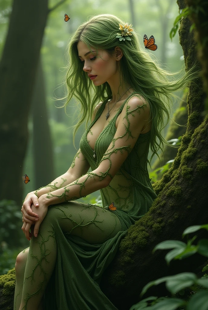 (masterpiece, best quality), intricate details, 1 girl, tree spirit, wood nymph, transparent, ghost like, iridescent green, dryad, plain white background, perfect body, pretty face, green skin, green hair, cinematic, trending on artstation, Greg Rutkowski, Clyde Caldwell, matte painting