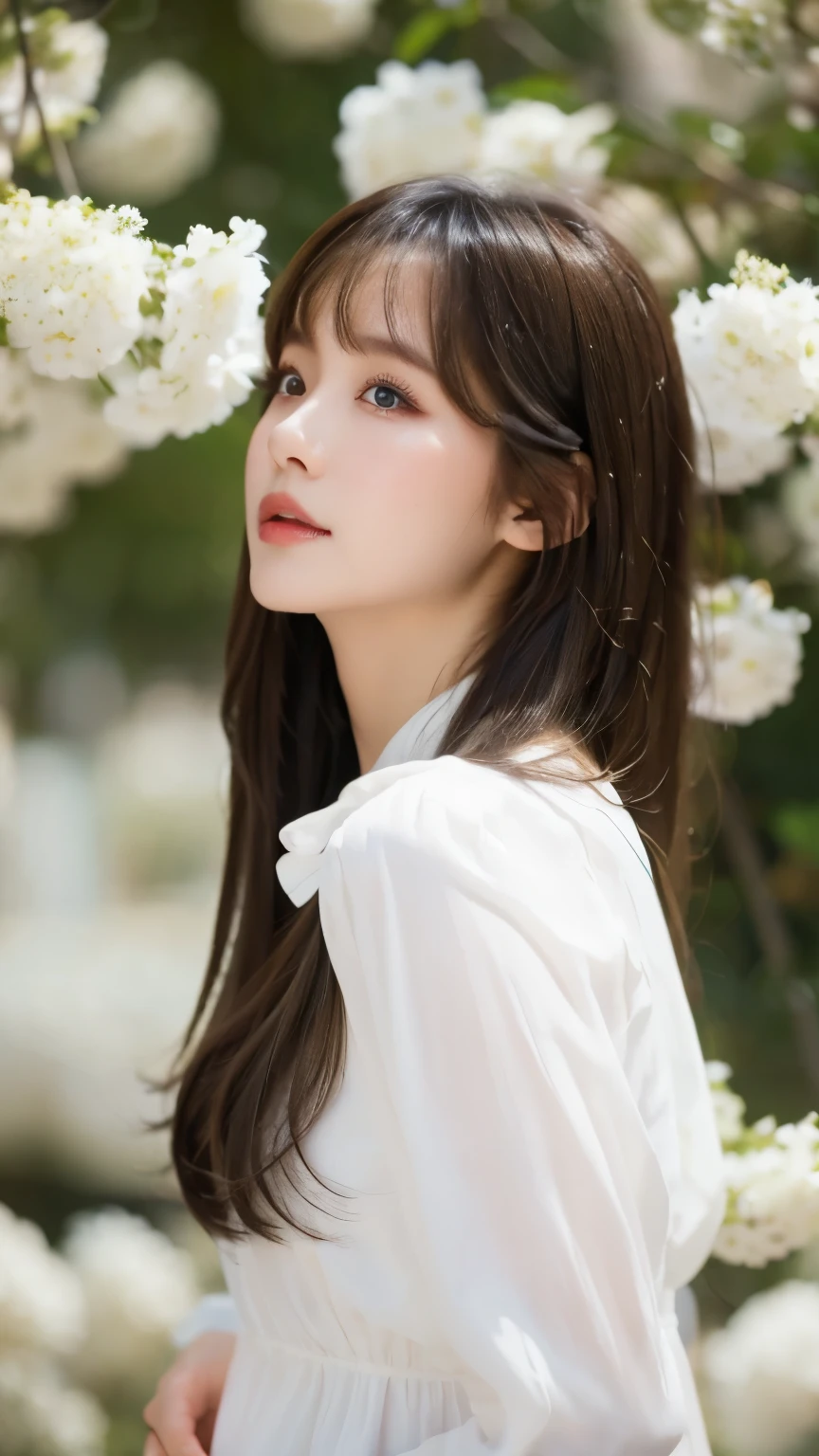 (real, High resolution:1.3), One girl with a perfect body,, Very beautiful face and eyes,profile、Long Hair,bangs, White blouse dress:1.2,The background is covered with white flowers,Fleeting atmosphere,Breeze