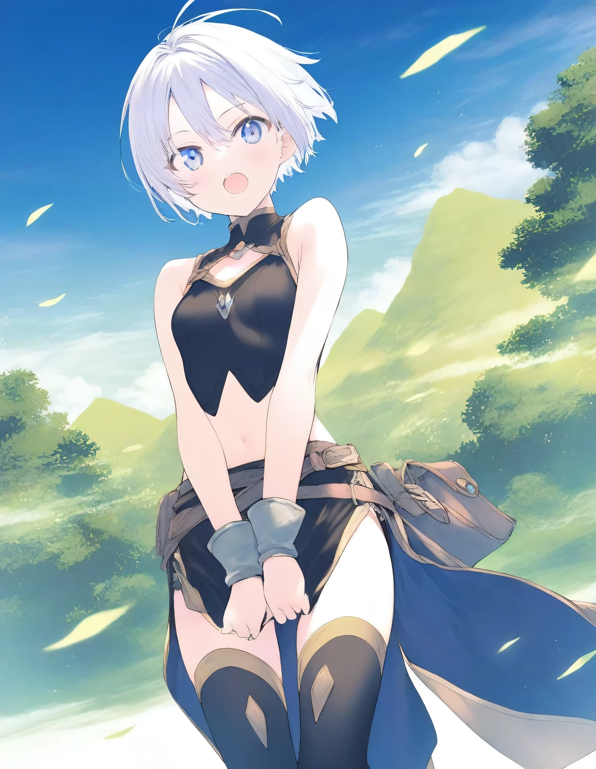 Furry white bear，White fur，Loli body，blue color eyes，White hair，In the daytime，Glowing hair，Wearing white panties，Wearing white underwear，Axes made of stone,A shy look