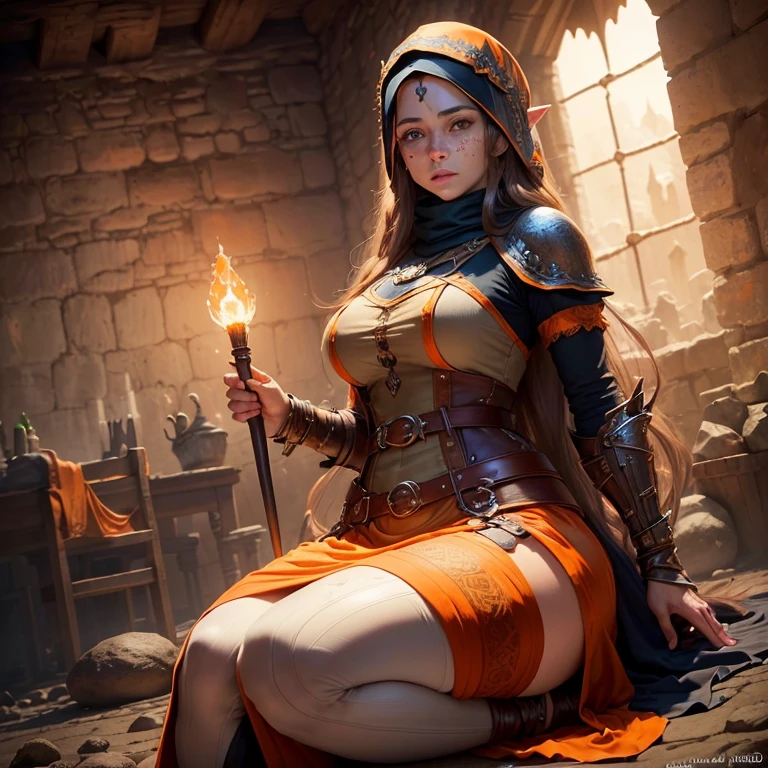 best quality, official art, masterpiece, textile shading, HDR, very detailed, colorful, best details, fantasy, battle armor,1 female, 25 years old, Anxious and frightened expression, standing on stairs,Inside a cave lit by torches,Dim brightness,choppy hair, big breast, skinny,Surrounded by a horde of goblins:1.9、Goblins in heat、Feeling like I'm about to be attacked、Being welcomed:1.5、cameltoe:1.3, looking back, ground level shot:1.9,