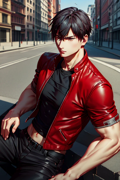 (Highly detailed CG), ( best quality), (Highly detailed CG), ( best quality), (Cat Noir), (Overall view) Xihua Street, A beautiful and attractive young man with a red leather jacket , beauties, Lean Muscle,  with a cool and handsome face, Sharp Eyes,  has a bulging crotch