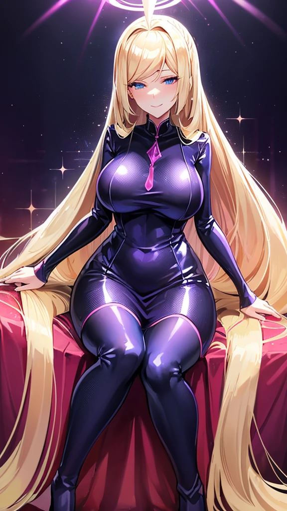  Erotic、Lusamine、Blonde long twin tail voluminous 、 blue archive、Big Breasts、shiny black and purple and light blue sequin dress、Pink love hotel with dim lights、Pink wall、Anxious erotic smile 、Open your mouth slightly、Evil female executive、adult、Married Woman、Sitting on the throne、 angle from below、lure、 thigh-high boots