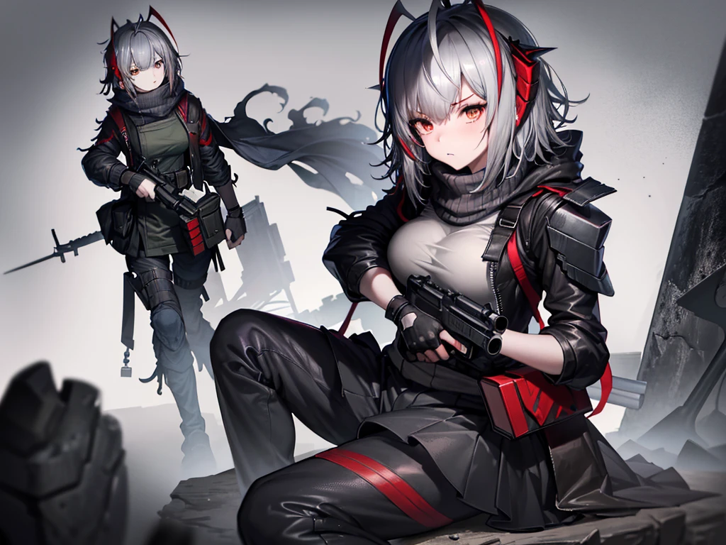 Conceptual art, Gothic art, anime style, high detail, drop shadow, UHD,, masterpiece, accurate, anatomically correct, textured skin, super detail, high details, high quality, award winning, best quality, highres, 8k, grey hair, soldier, tactical armor, girl, long hair, serious face, grapping weapon, sit on rock, war zone, merchant, gun, m4, army, tired, armored, hugging gun