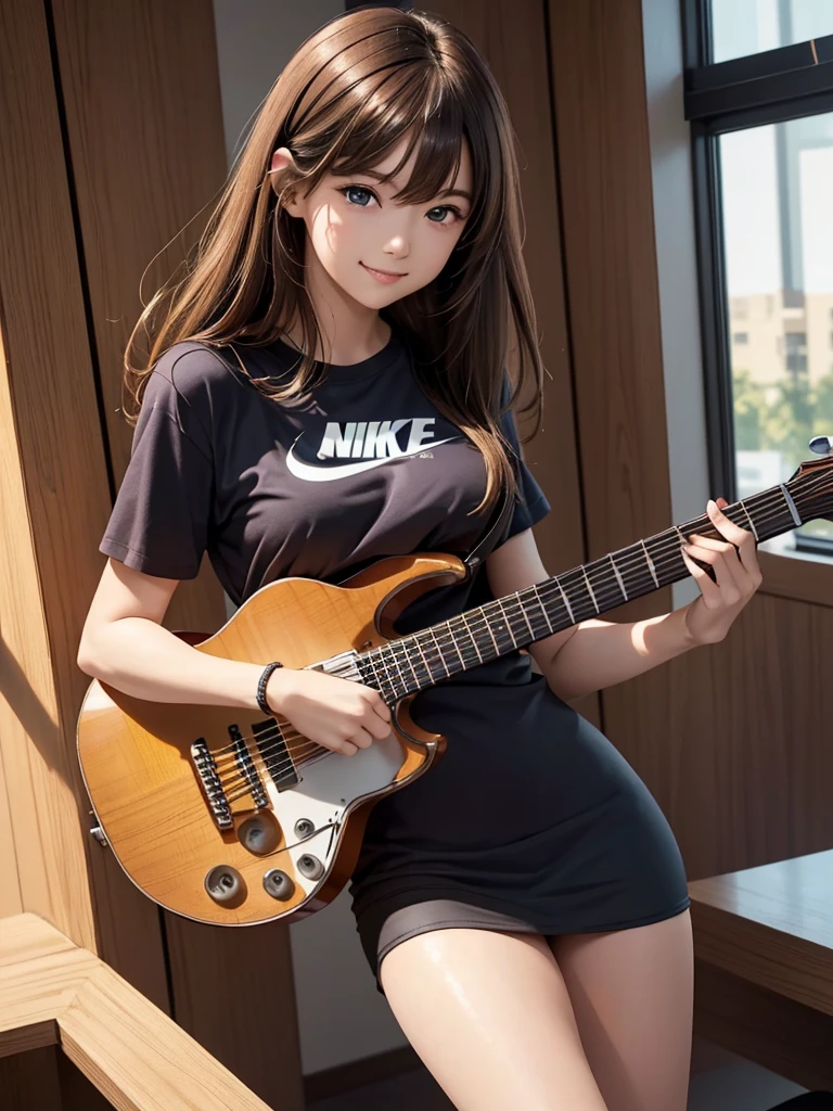 8k, Best Quality, The real picture,  complicated details, Very detailed,  super high definition, Depth Field, ( realistic, realistic), Tabletop, (( shot above the knee)), (((Standing and playing an electric guitar))), ((( 1 girl))), eye_Chan,  so beautiful, innocent big eyes, Beautiful breasts, 非常に詳細なeye, (Beautiful breasts), ((Brown Hair)), ( medium bob hair), (Asymmetrical bangs), Perfect Skin, Fair skin, Small breasts, Tight waist, Alone,  Staring at Viewers , (smile), ((Light purple Nike long t-shirt)), ( black miniskirt in a window seat), (Standing in the concert hall )