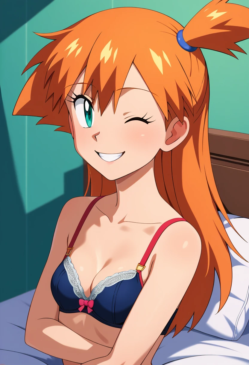 (master piece), (best quality), (8k), (ultra high resolution), (highest quality), (anime style), (best writing), (beautiful face), (masterpiece), (highest quality), (detailed beautiful face and eyes), (textile shading), (upper body), 1girl, solo, misty \(pokemon\), aqua eyes, orange long hair, long hair, bra, pantys, pretty, beautiful girl, curvy girl, sitting in a bed, crossed legs, small breasts, beautiful breasts, smile, one eye closed