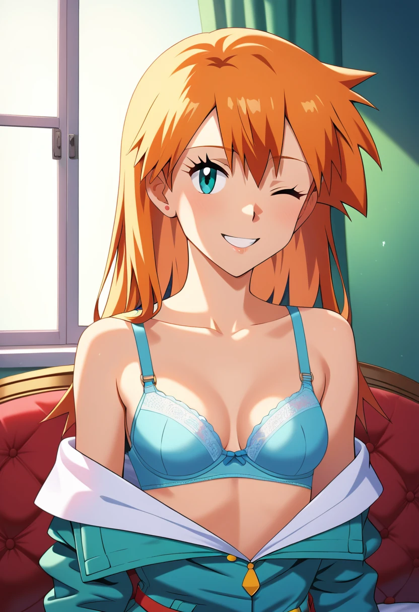 (master piece), (best quality), (8k), (ultra high resolution), (highest quality), (anime style), (best writing), (beautiful face), (masterpiece), (highest quality), (detailed beautiful face and eyes), (textile shading), (upper body), 1girl, solo, misty \(pokemon\), aqua eyes, orange long hair, long hair, bra, pantys, pretty, beautiful girl, curvy girl, sitting in a bed, crossed legs, small breasts, beautiful breasts, smile, one eye closed