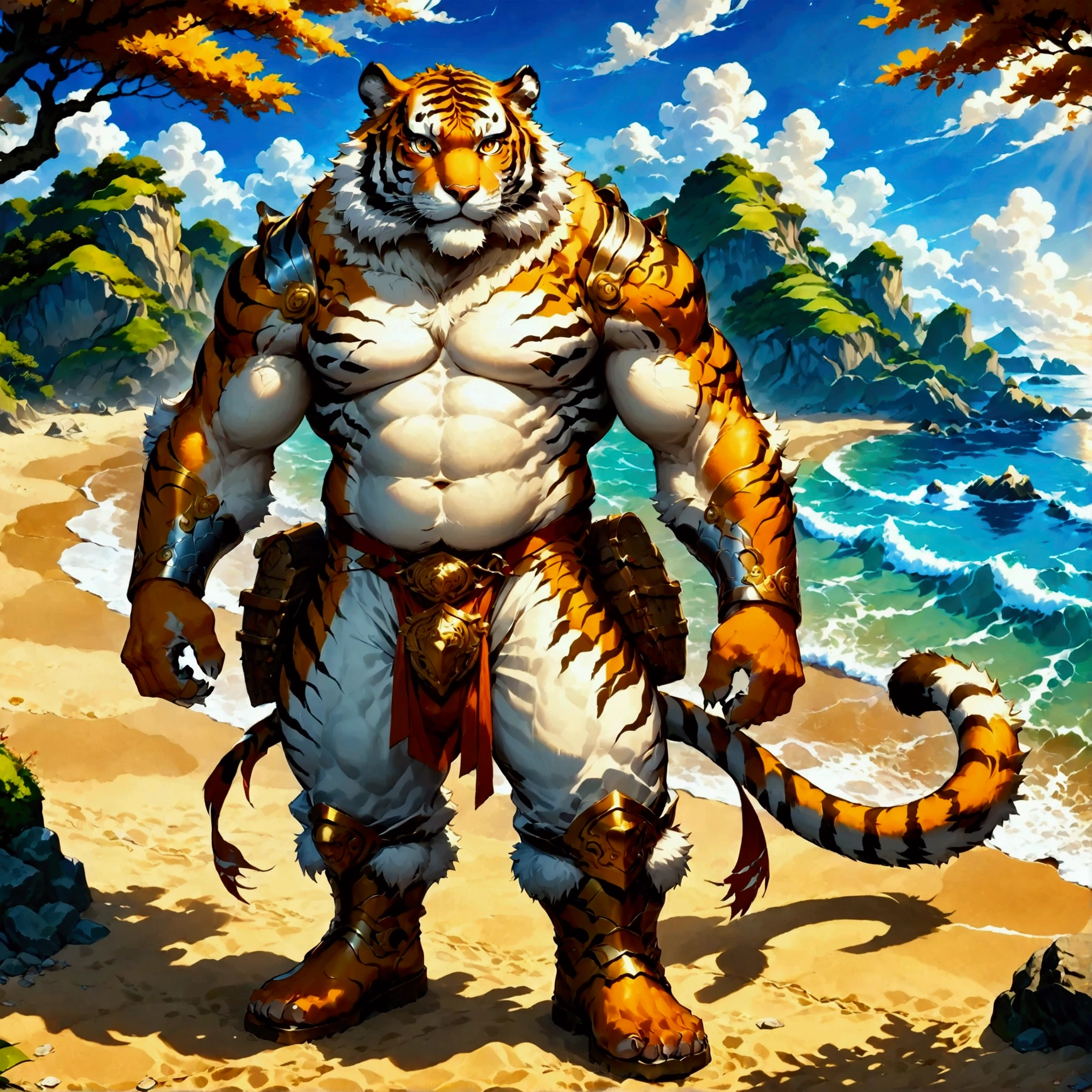 character focus, full body, looking away, various angle, european fantasy, a plump middle-aged tiger man, clothed, heroic costume, full armor, pants, dynamic pose, BREAK complete anatomy, perfect proportions, beautiful thigh gap, fluffy body, intricate fur details, beautiful fur texture, BREAK a detailed tiger tail, detailed boots, detailed foot, detailed hands, 5fingers, 5fingers nails, BREAK aesthetic anime face, insanity detailed face, male face, big face, square jawline, aesthetic anime eyes, detailed brown eyes, detailed brown cornea, detailed dark brown irises, detailed pupils, male eyes, big eyes, male eyebrows, innocent look, beautiful beard, BREAK full body in Michelangelo Buonarroti style, digital illustration anime, housamo style, detailed painting landscape, beach, path, outdoor, full color, HDR, BREAK masterpiece, official art, best quality, very aesthetic, absurdres, super fine illustration, great quality, BREAK noise reduction, very highres, large filesize, high quality, 32K, 8k wallpaper, dynamic lighting, BREAK insanity detailed, ultra detailed, intricate details, extremely detailed, detailed texture, an extremely delicate and beautiful, BREAK osukemo, e621 illustration, kemohomo, anthropomorphic, furry, cartoon, harmonious body, pastoral face, virtuous eyes, epic atmosphere