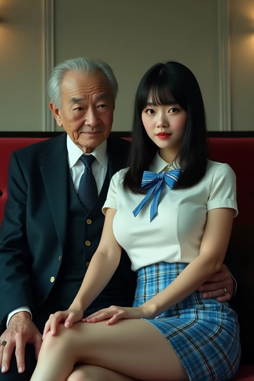 1952, Seoul, (((1 korean young girl and 1 old korean man facing each other))), {(1 korean young girl), (((ifties style striped pattern waitress costume))),(((erotic pose))),(((bare inner thigh))),(big breasts, strikingly beautiful, delicate facial features, porcelain skin, expressive eyes, black hair, red lips), (hairstyle of the 1950s),((awe and joy expression))} ,(Raw photo:1.2), (Photo realistic:1.4), top-quality, masterpiece, highly detailed, 8k wallpaper, (retro pop diner), korean young girl sitting on the chair, (((60 years old korean man wearing business suit))), (((60 years old korean man hugging on korean young girl's chest))), focus on old man,