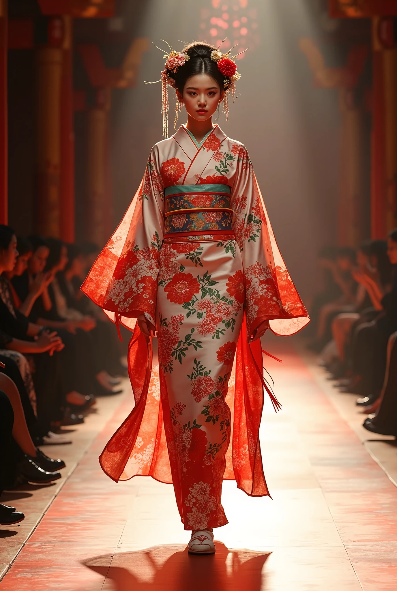 Real、(( Fashion Show))、(( walking the runway on the Kabuki stage))、Beautiful Flower Girl 、Extremely gorgeous kimono ,Hanakai's red eyeliner is characteristic,Flower Master Makeup 