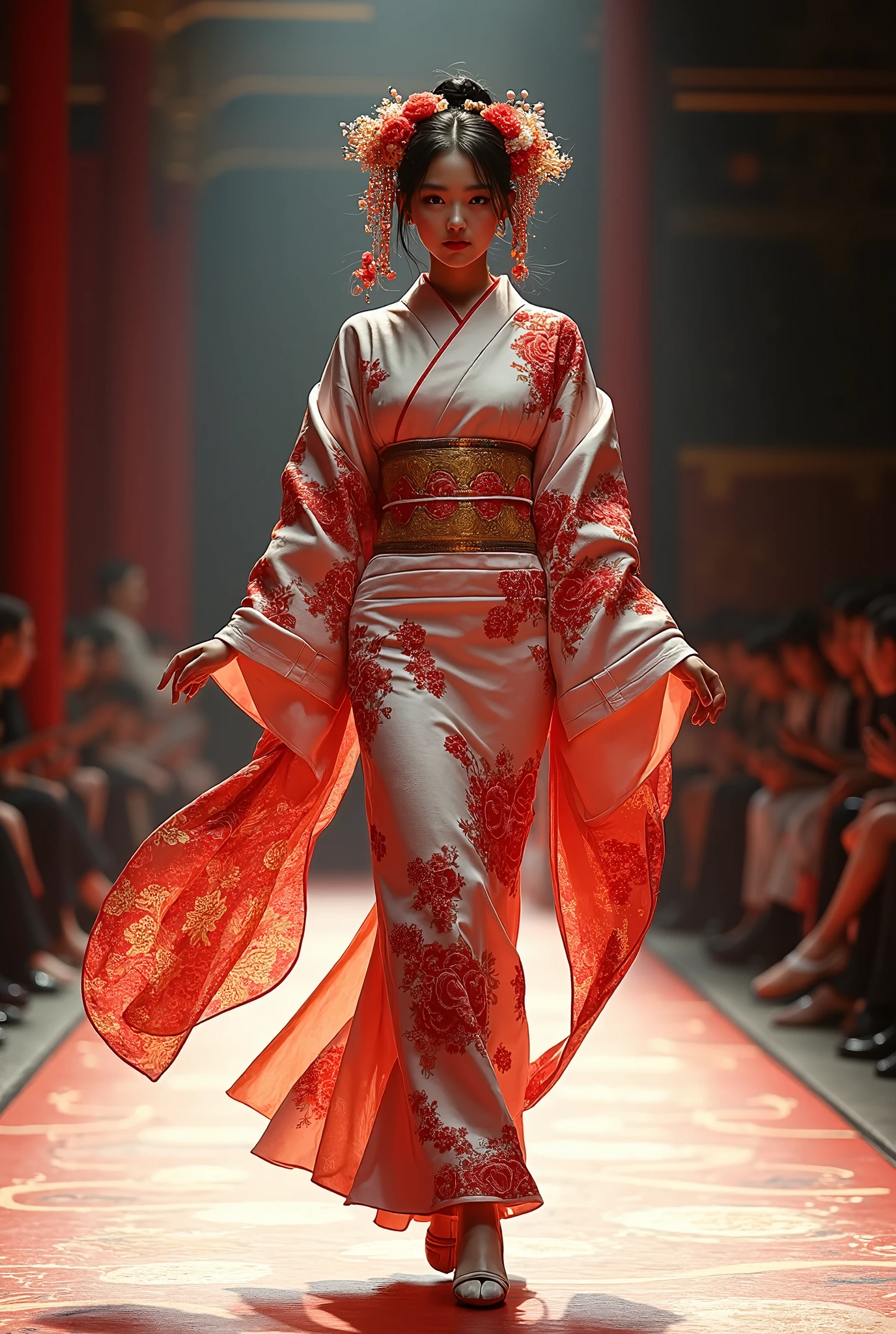 Real、(( Fashion Show))、(( walking the runway on the Kabuki stage))、Beautiful Flower Girl 、Extremely gorgeous kimono ,Hanakai's red eyeliner is characteristic, flower opening makeup 